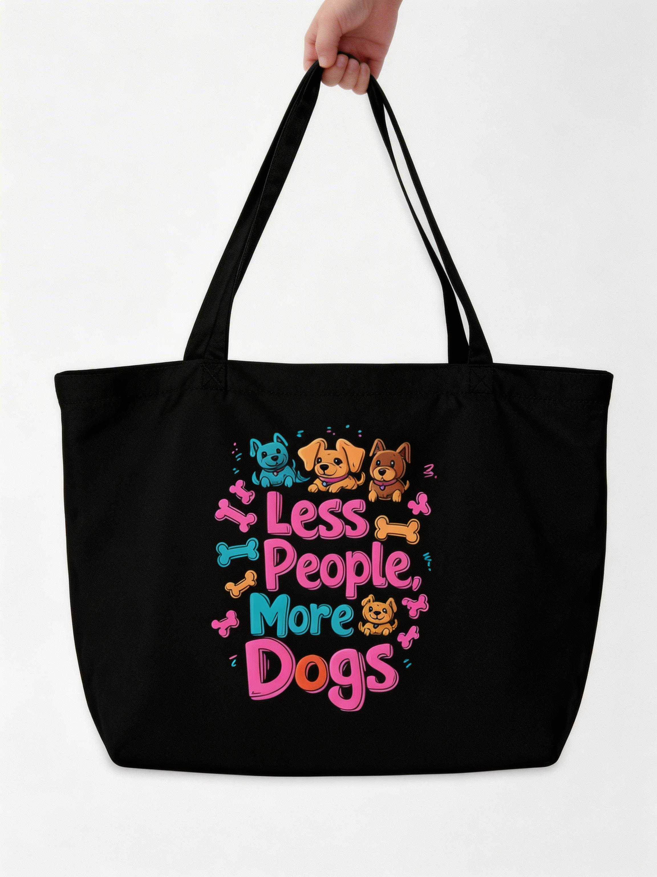 hand holding black oversized tote bag dogs graphic less people more dogs casual streetwear style