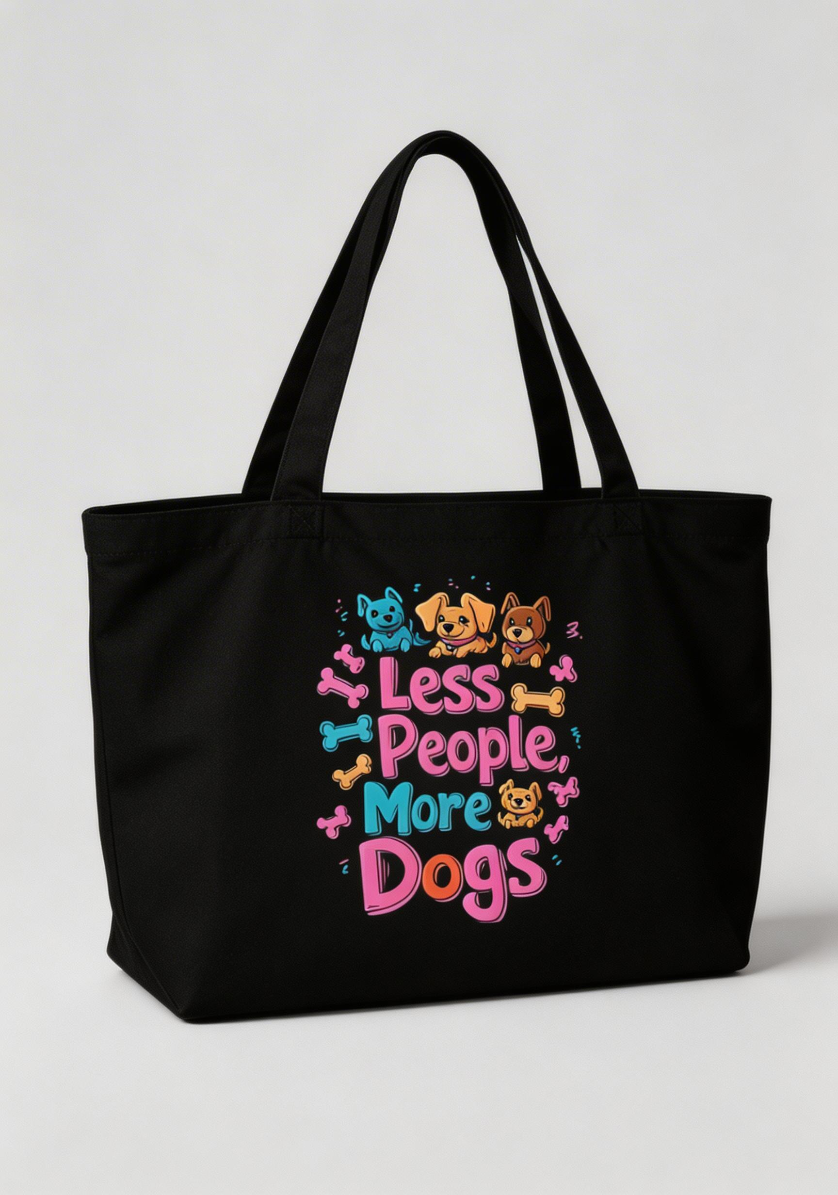 angled view black oversized tote bag colorful dogs graphic less people more dogs urban streetwear accessory
