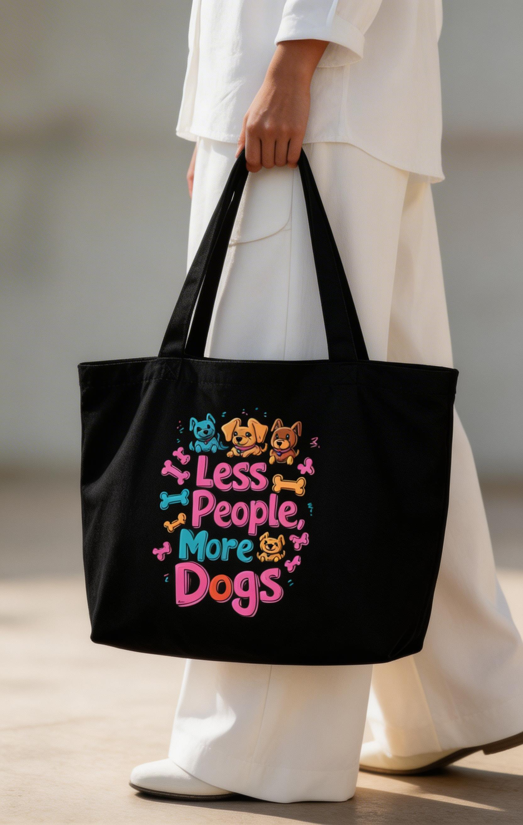 model side view wearing black oversized tote bag dogs graphic less people more dogs minimalist streetwear outfit