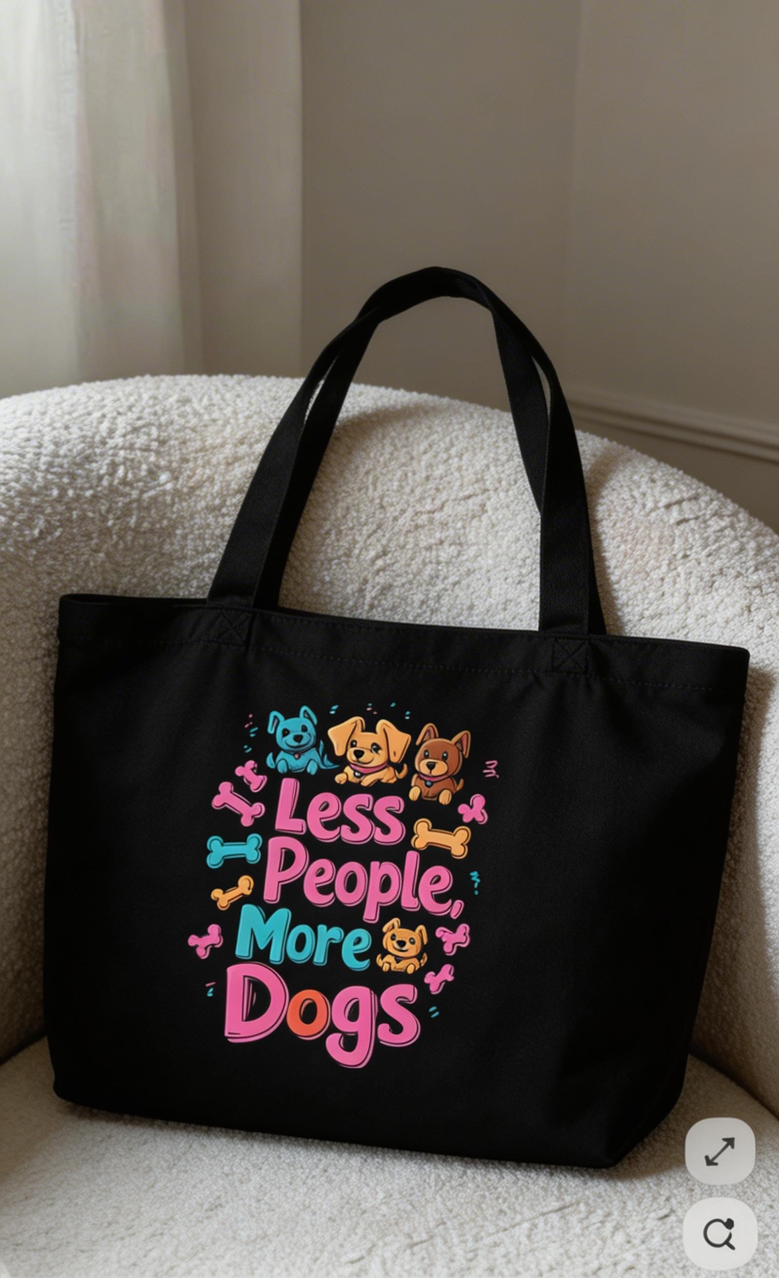 black oversized tote bag on chair cozy interior dogs graphic less people more dogs lifestyle streetwear accessory