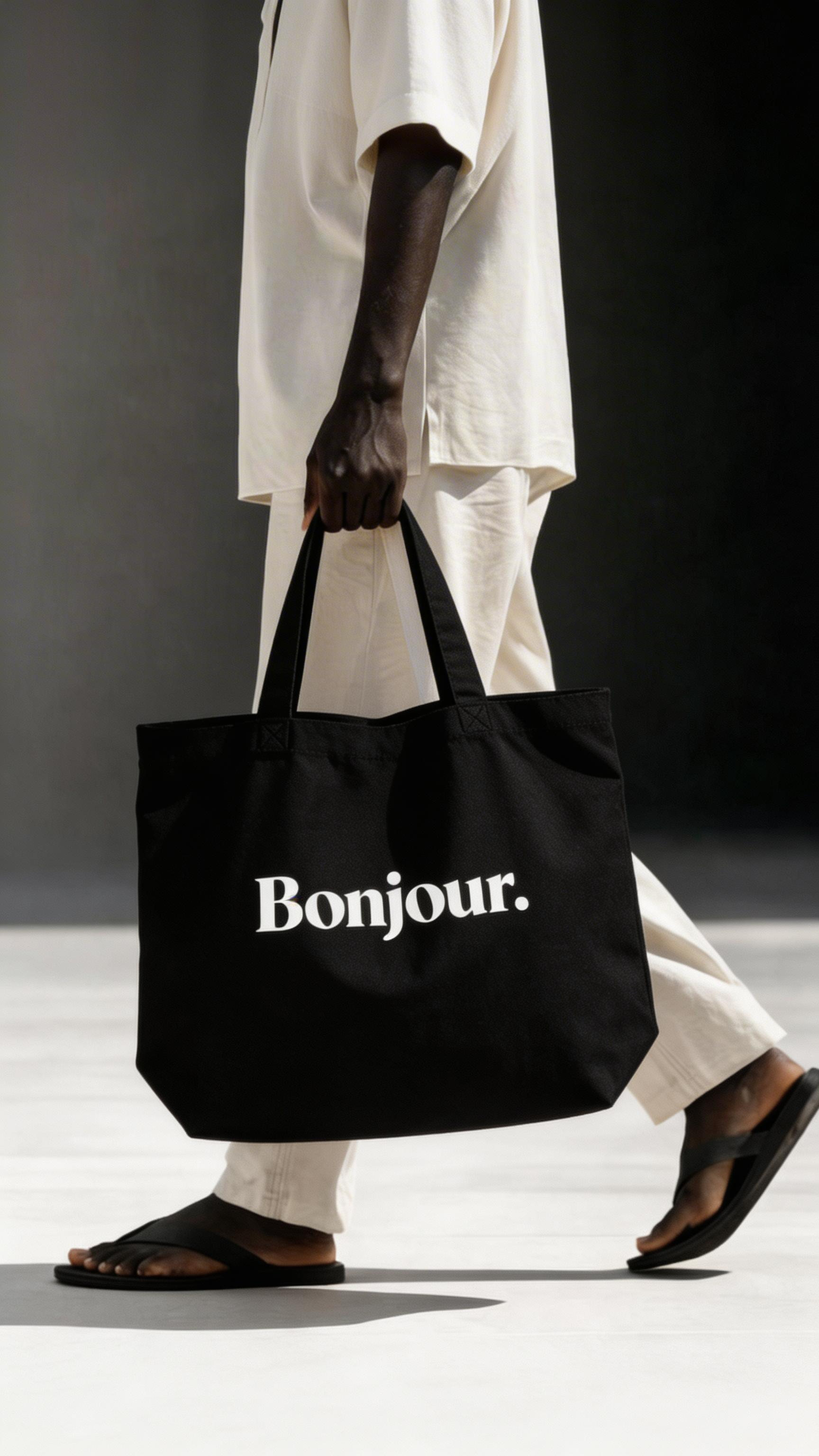 model walking holding black tote bag bonjour typography design urban streetwear outfit