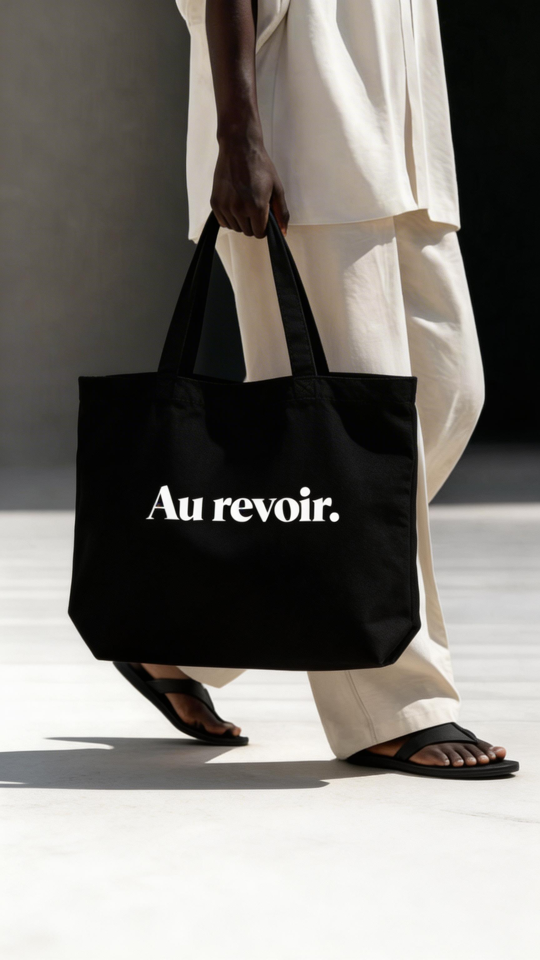 model walking holding black tote bag au revoir typography design urban streetwear outfit