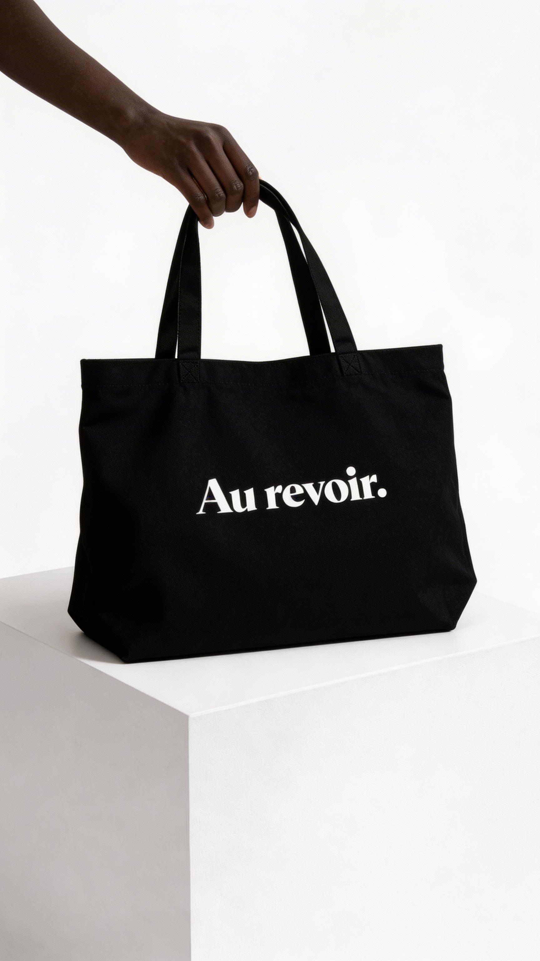 model holding black tote bag au revoir typography design streetwear fashion