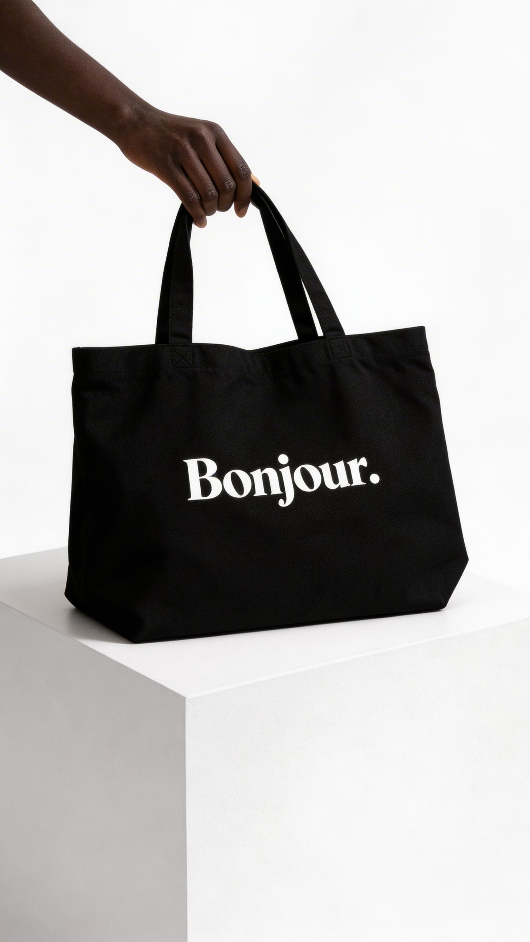 model holding black tote bag bonjour typography design streetwear fashion