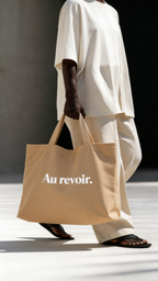 model walking holding beige tote bag au revoir typography design urban streetwear outfit