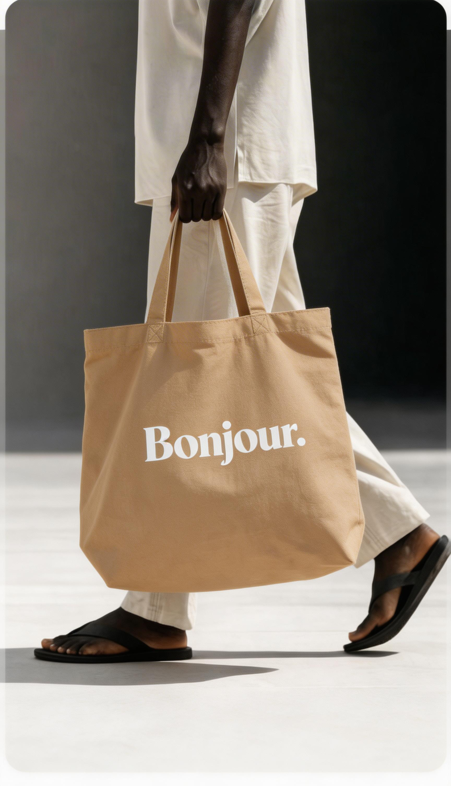 model walking holding beige tote bag bonjour typography design urban streetwear outfit