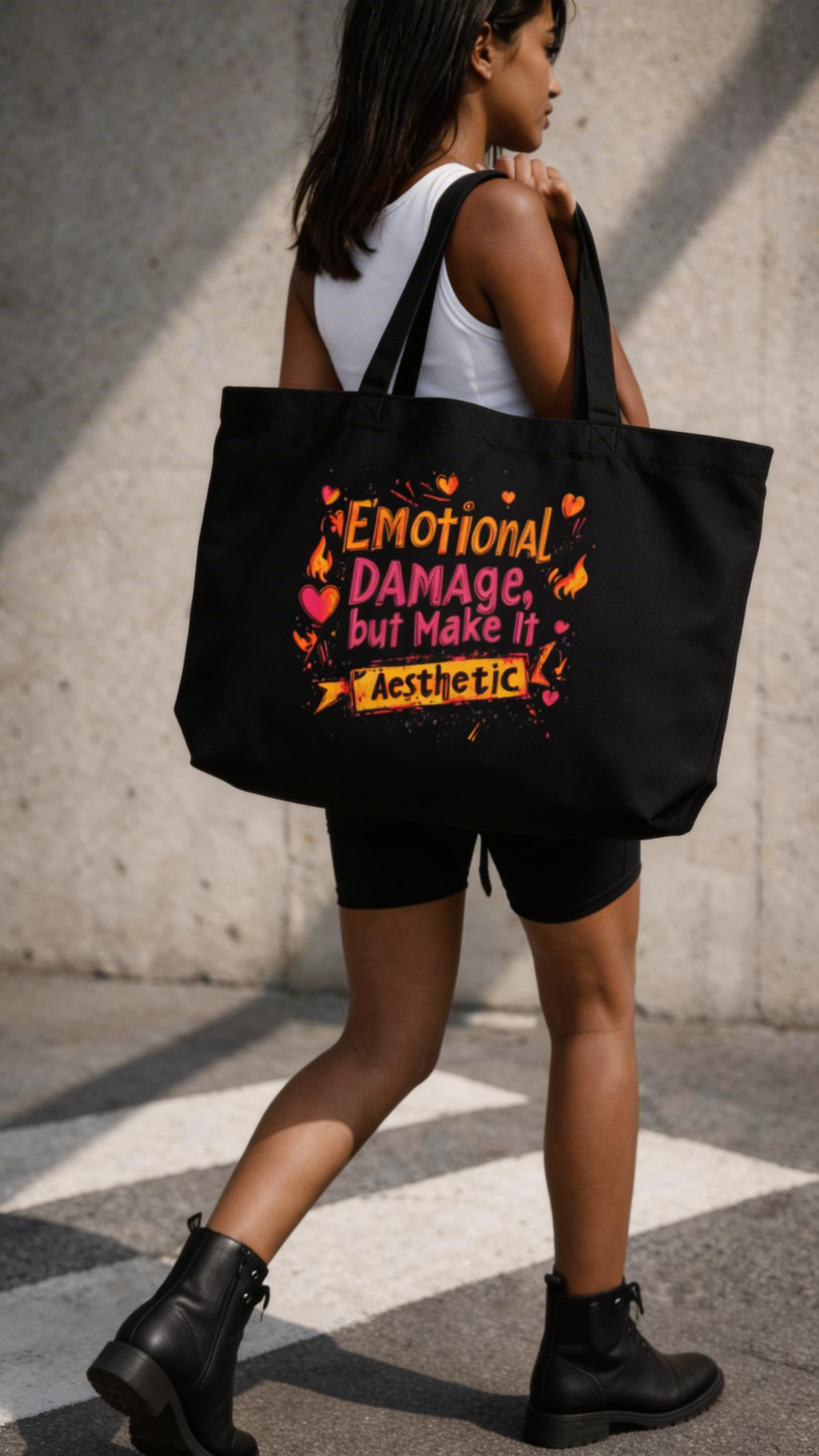 model back view walking holding black tote bag emotional damage aesthetic graphic design urban streetwear outfit