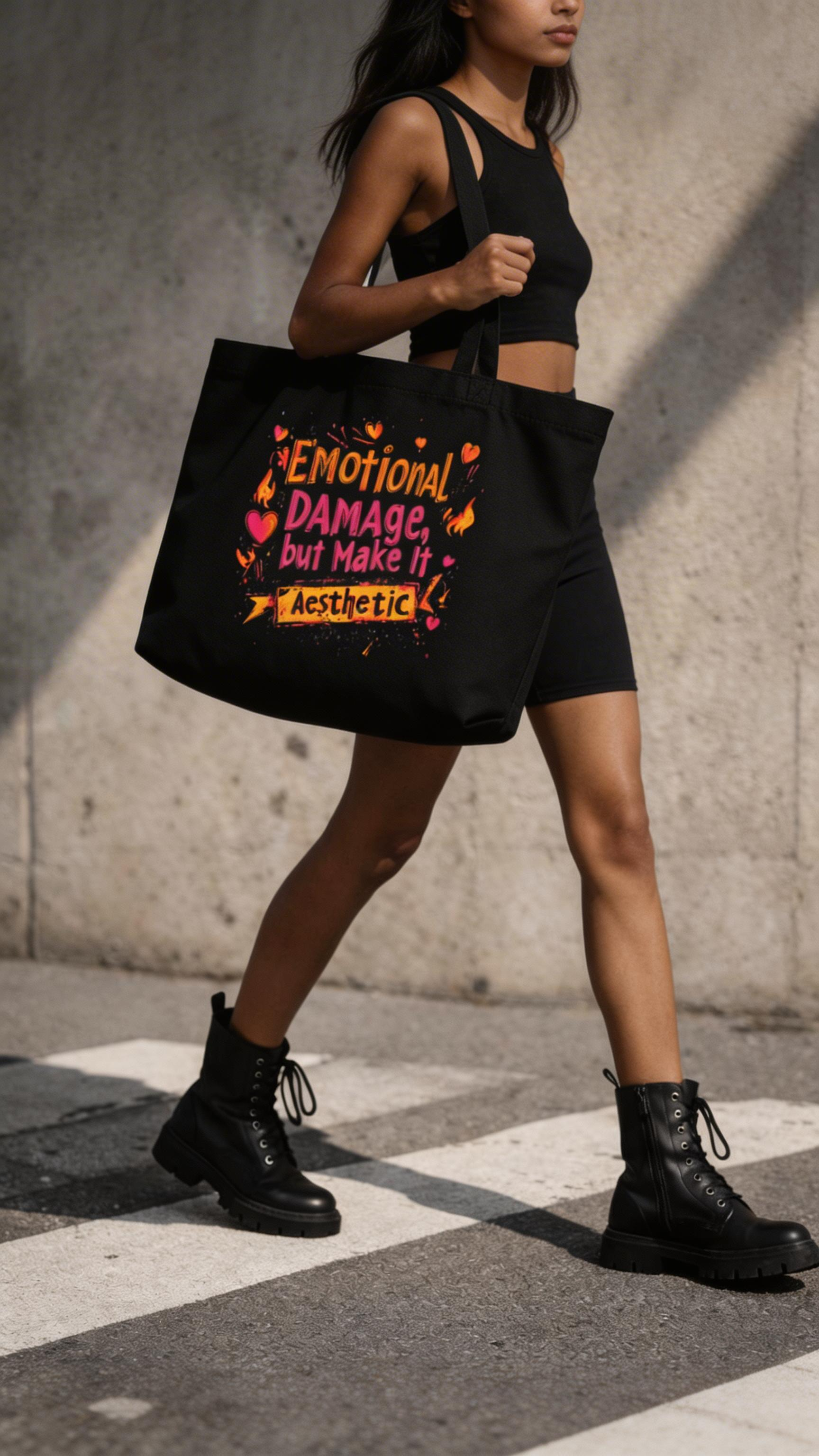 model side view walking holding black tote bag emotional damage aesthetic graphic design urban streetwear outfit