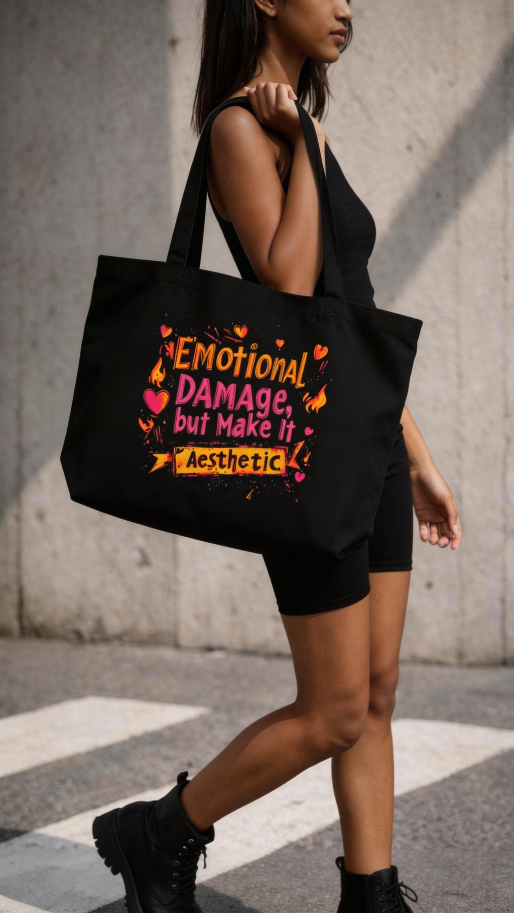 model side view holding black tote bag emotional damage aesthetic graphic design streetwear fashion