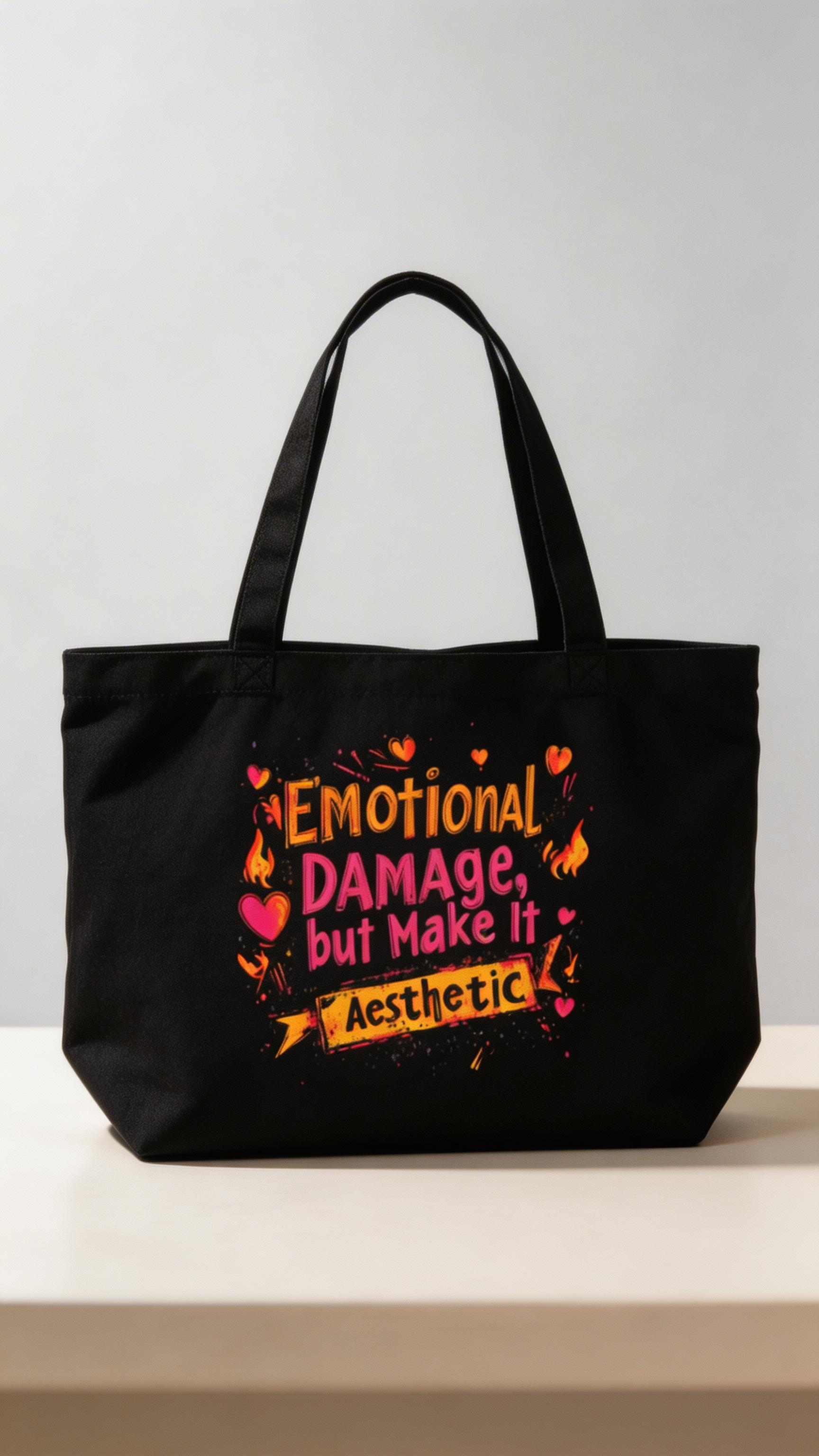 product front view black tote bag emotional damage aesthetic graphic design graphic streetwear