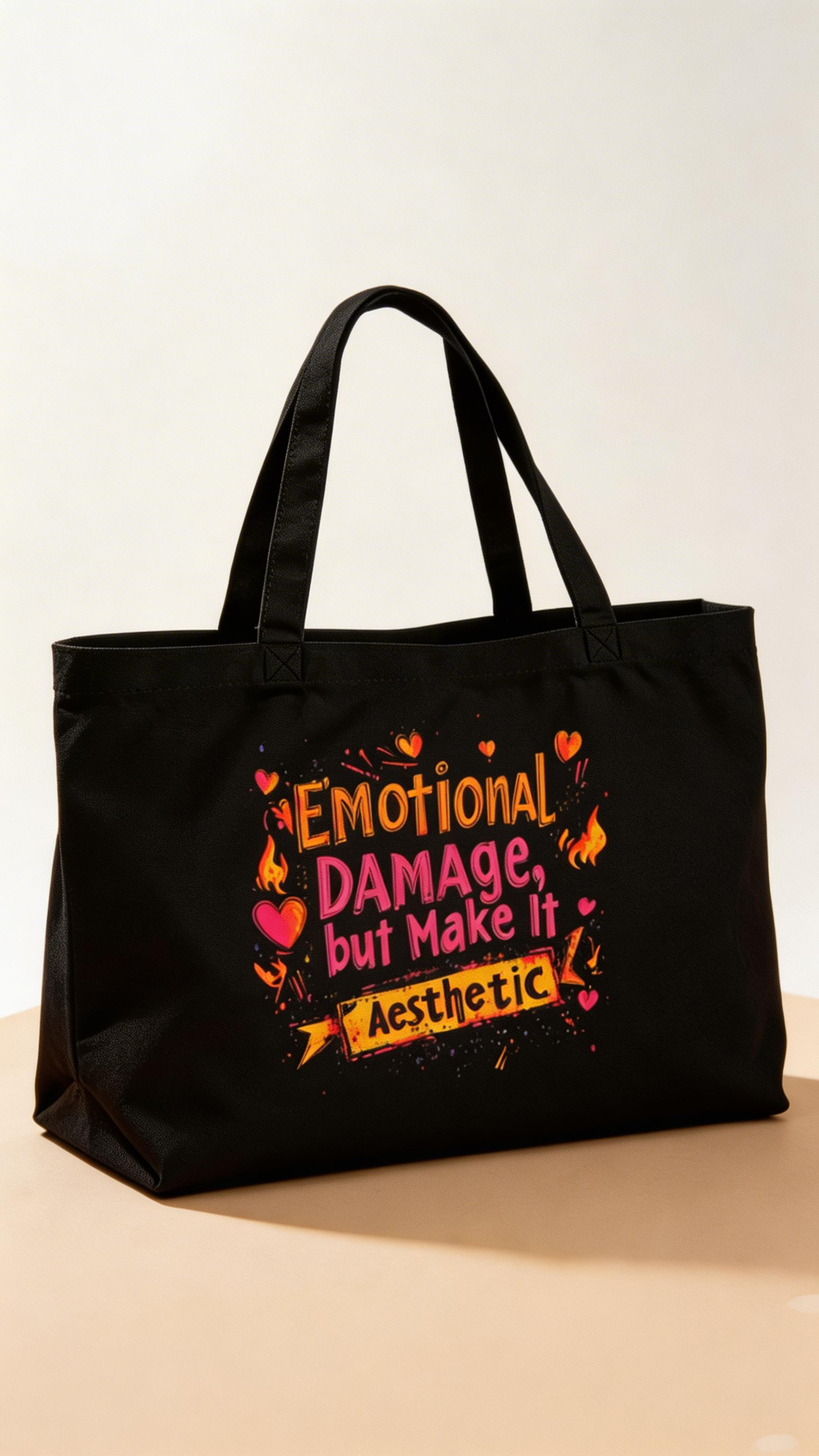 product angled view black tote bag emotional damage aesthetic graphic design streetwear fashion
