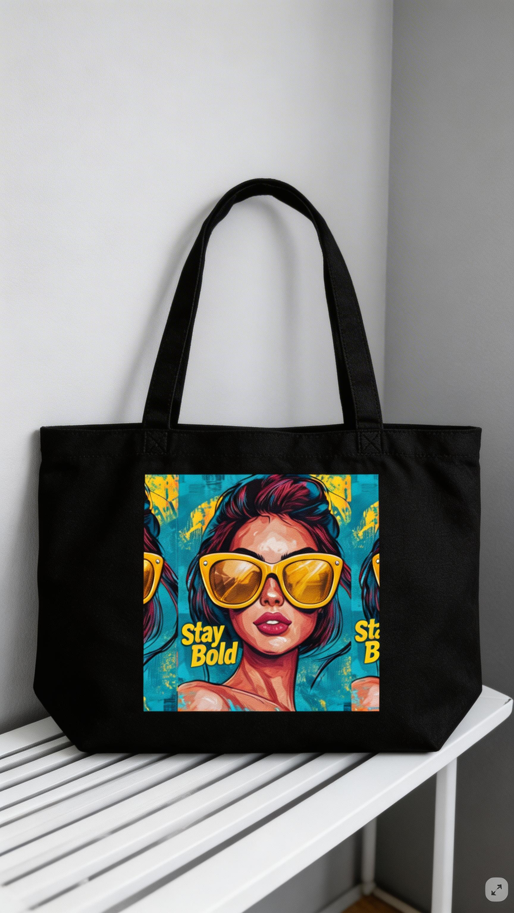 product front view black tote bag stay bold pop art woman graphic design streetwear fashion