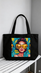product front view black tote bag stay bold pop art woman graphic design streetwear fashion