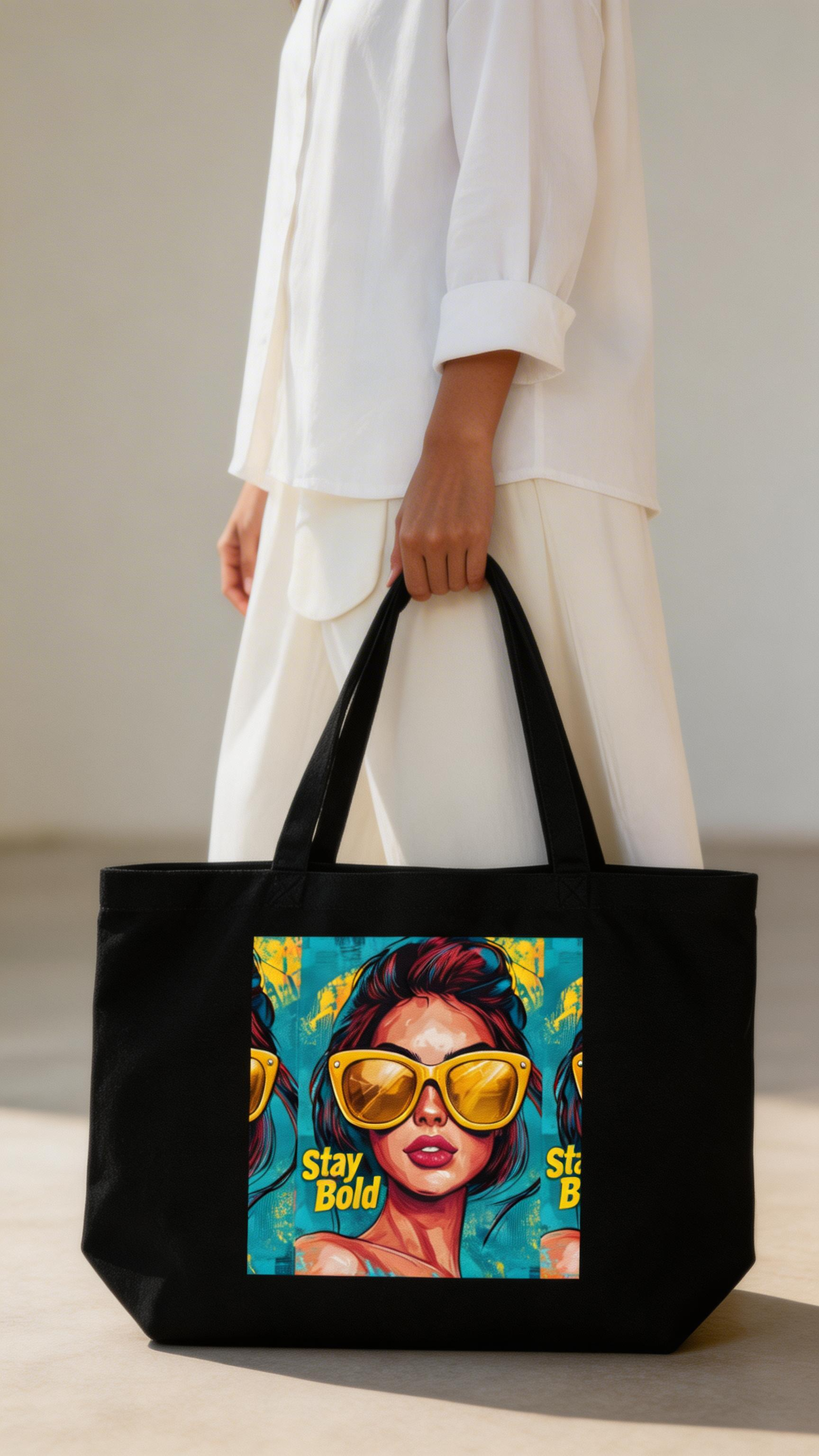 model front view holding black tote bag stay bold pop art woman graphic design urban streetwear outfit