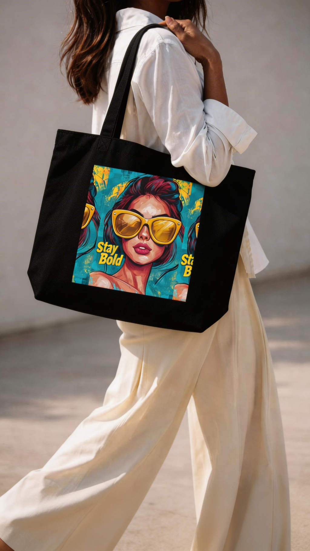 model side view wearing black tote bag stay bold pop art woman graphic design streetwear fashion
