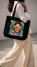 model side view wearing black tote bag stay bold pop art woman graphic design streetwear fashion