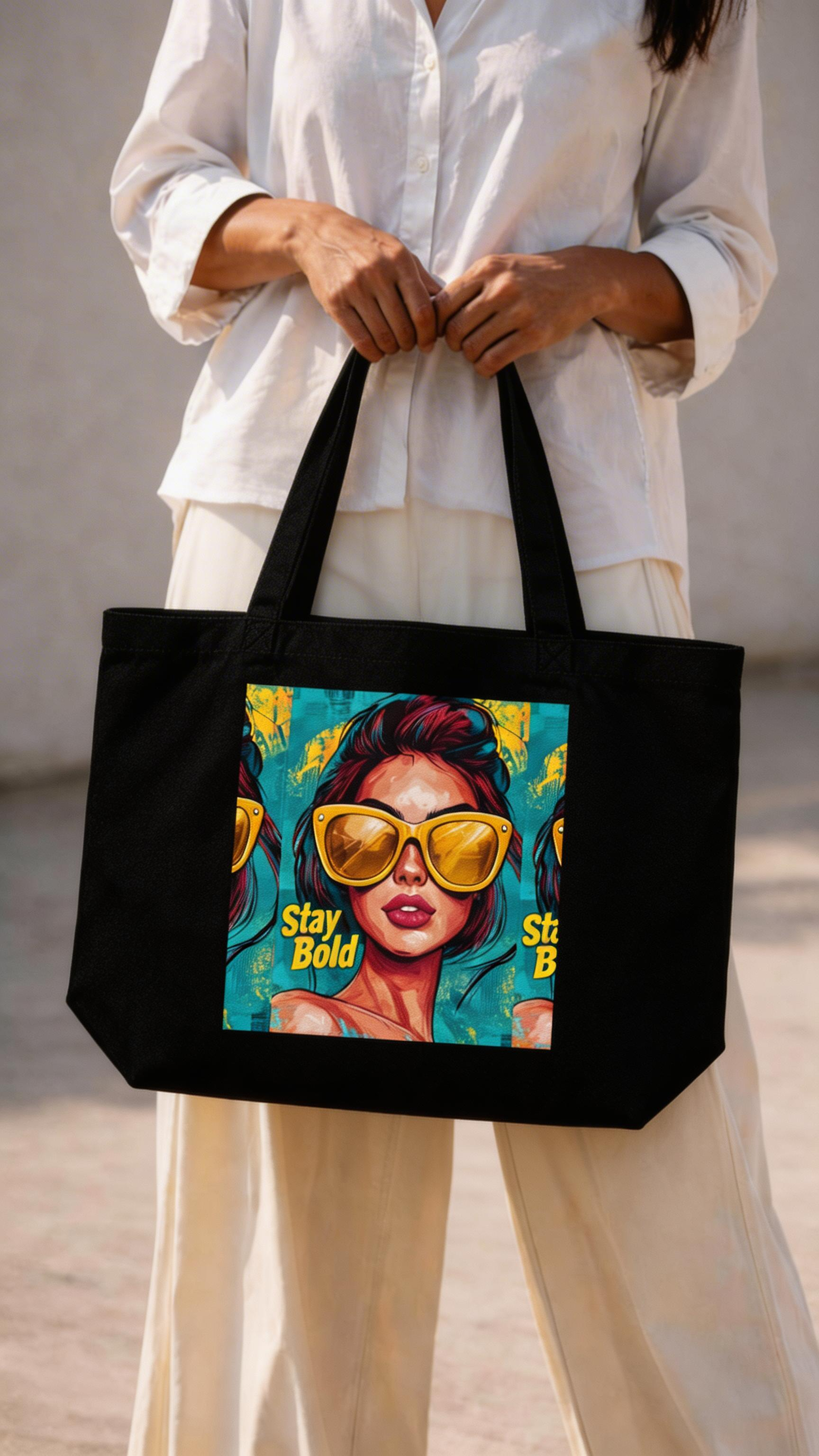 model front view holding black tote bag stay bold pop art woman graphic design urban streetwear outfit