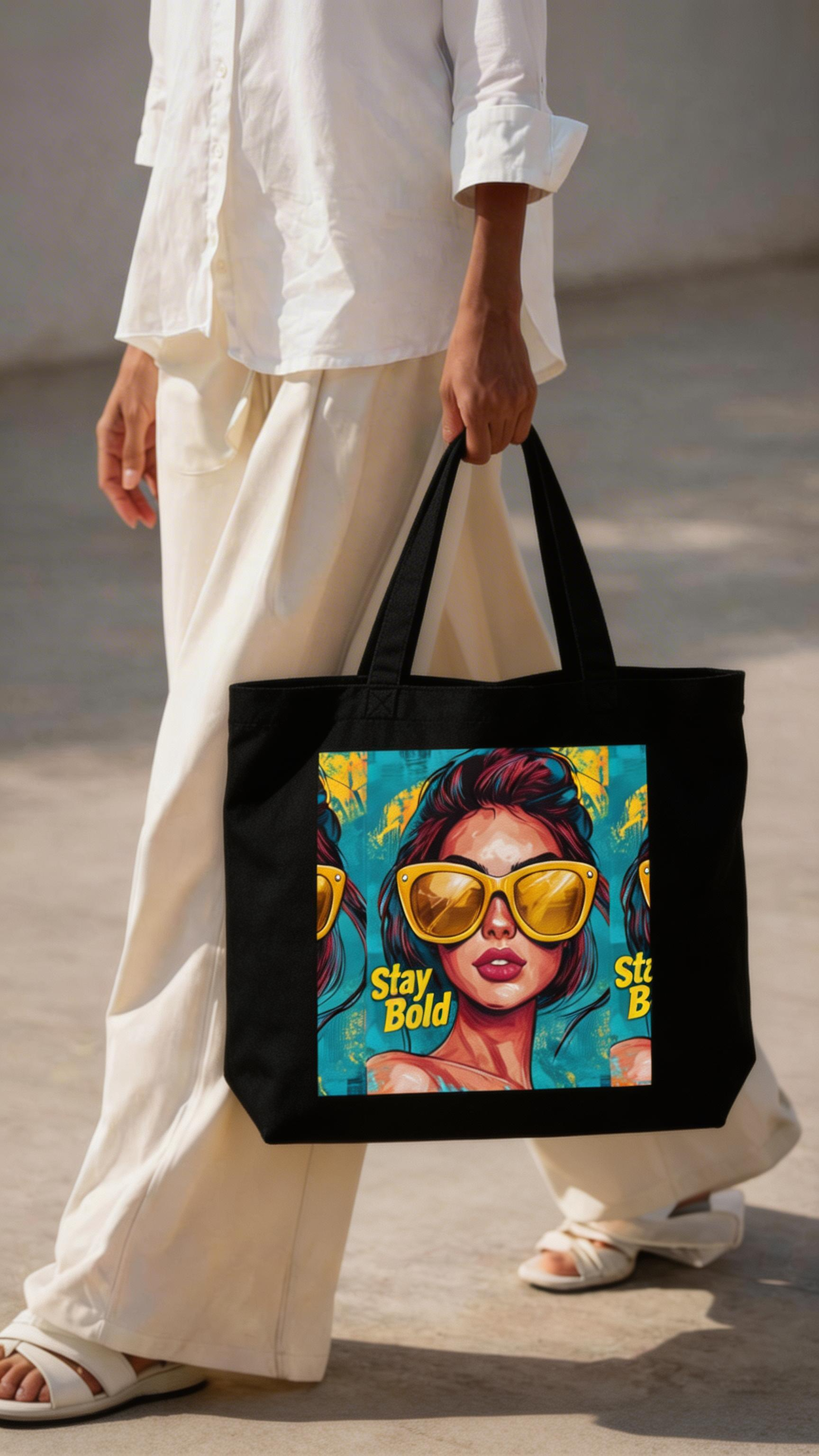 model walking holding black tote bag stay bold pop art woman graphic design urban streetwear outfit
