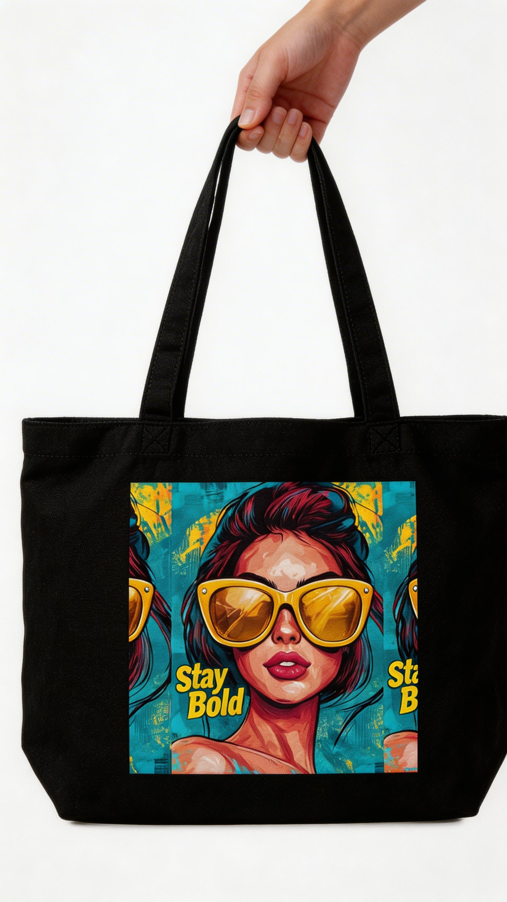 model front view holding black tote bag stay bold pop art woman graphic design streetwear fashion