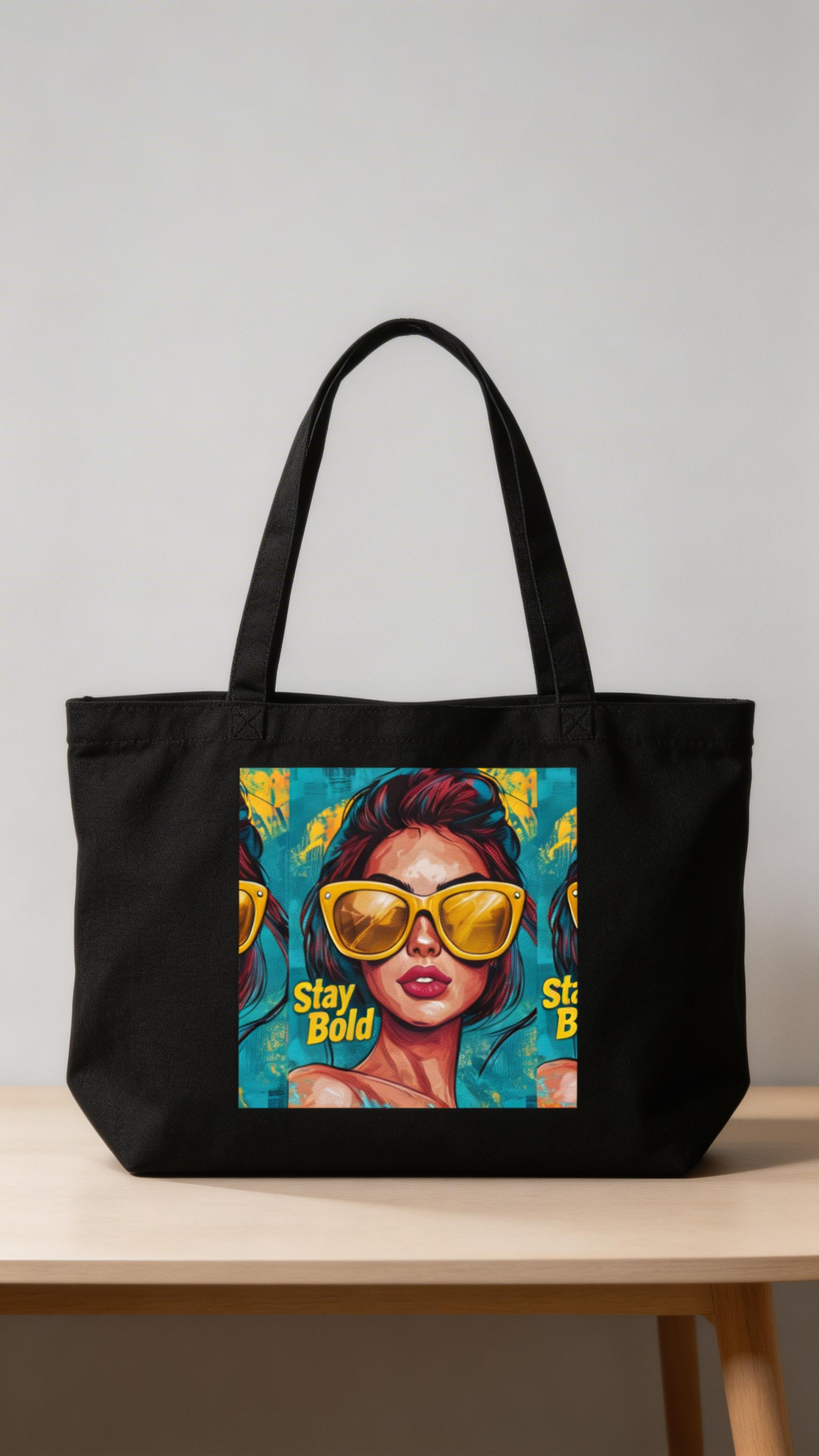 product front view black tote bag stay bold pop art woman graphic design graphic streetwear