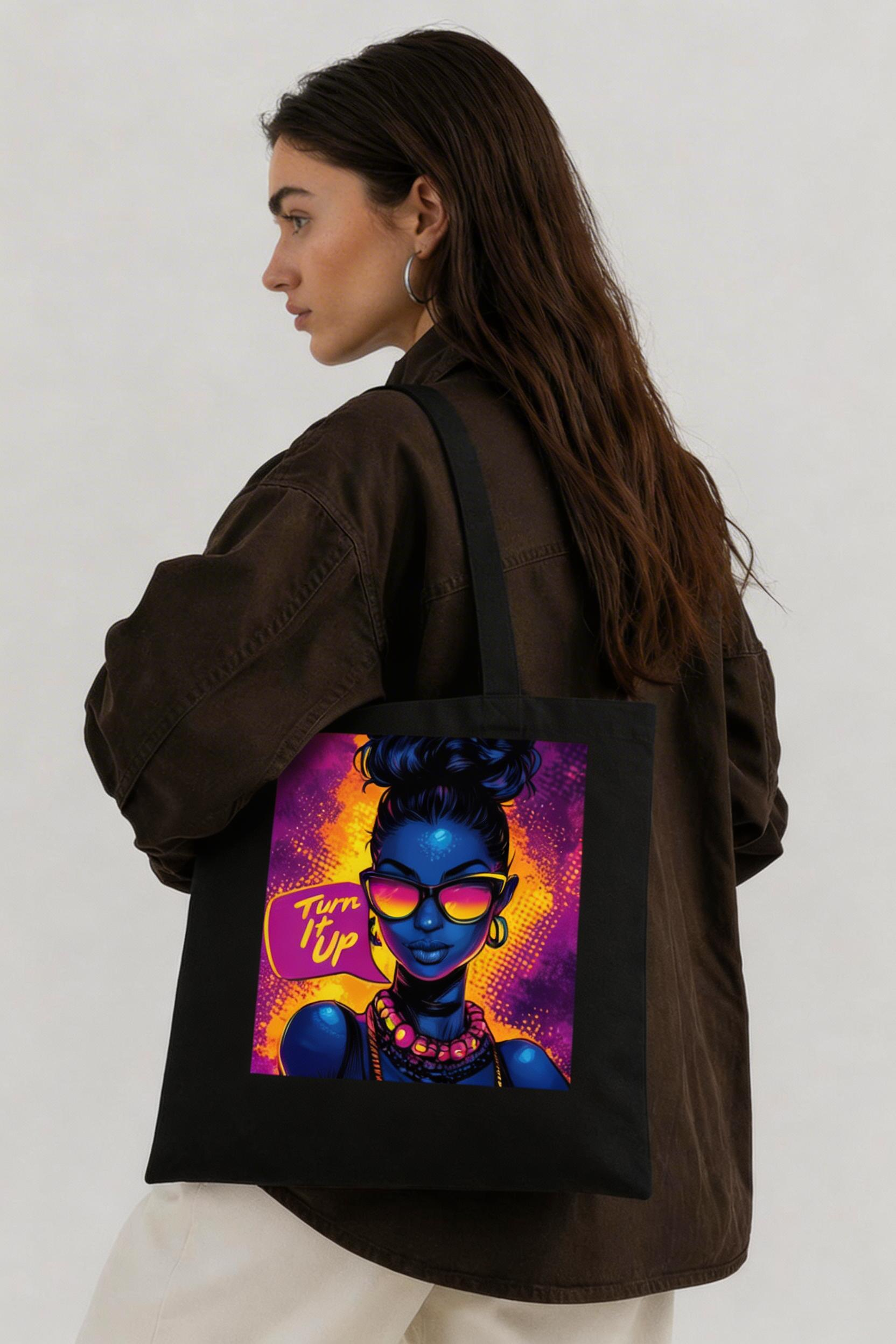 model back view wearing black tote bag oversized fit neon pop art woman turn it up design urban streetwear outfit