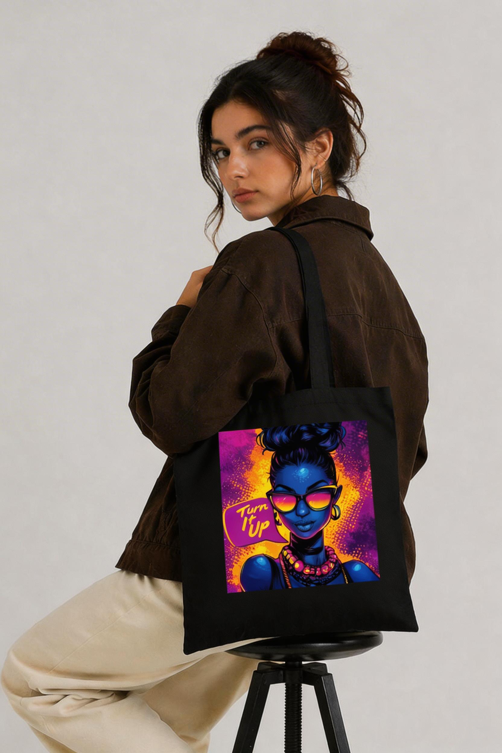 model seated side view wearing black tote bag oversized fit neon pop art woman turn it up design streetwear fashion