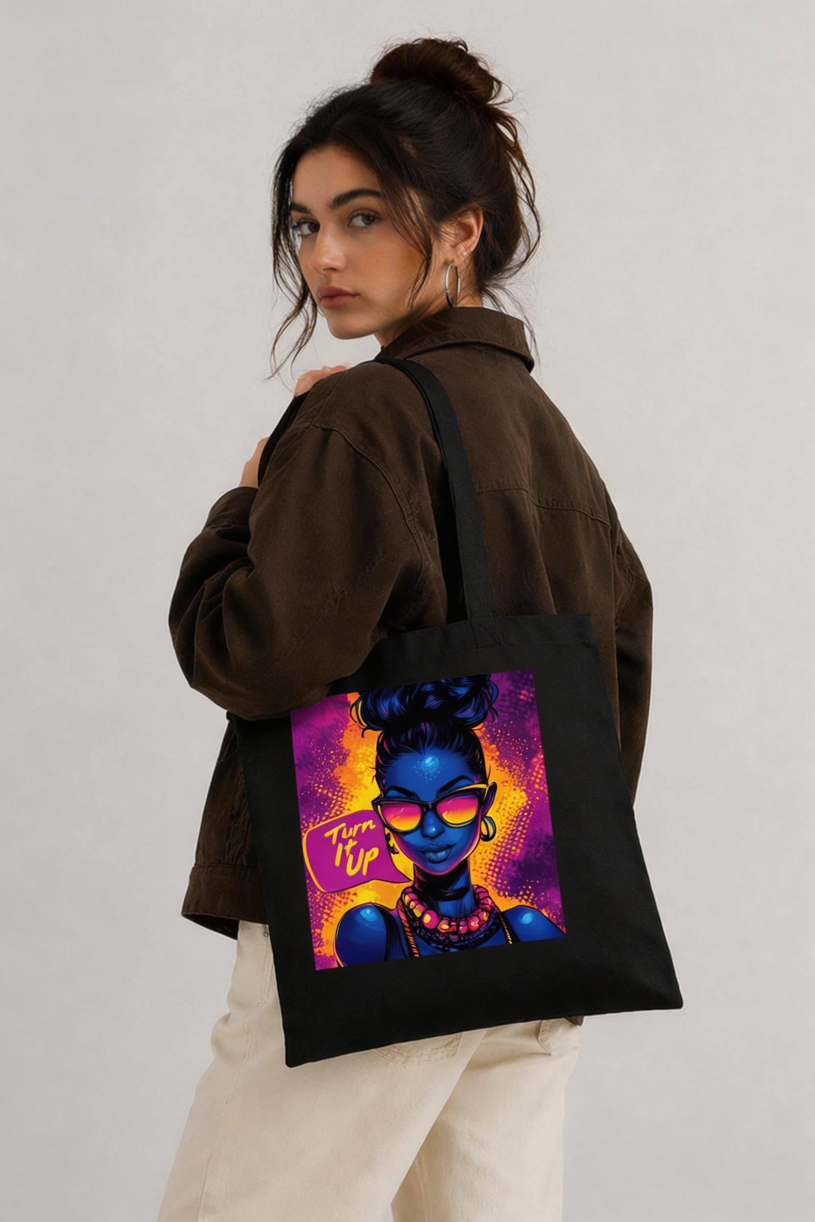 model standing back view wearing black tote bag oversized fit neon pop art woman turn it up design graphic streetwear