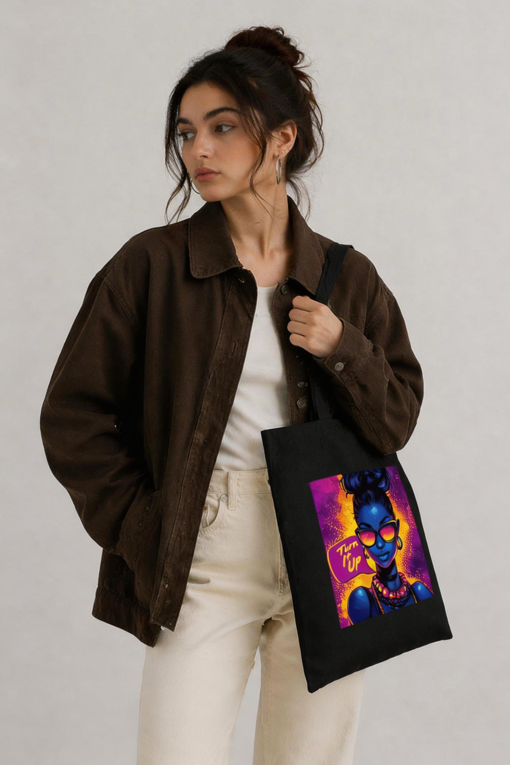 model front side view wearing black tote bag oversized fit neon pop art woman turn it up design urban streetwear outfit