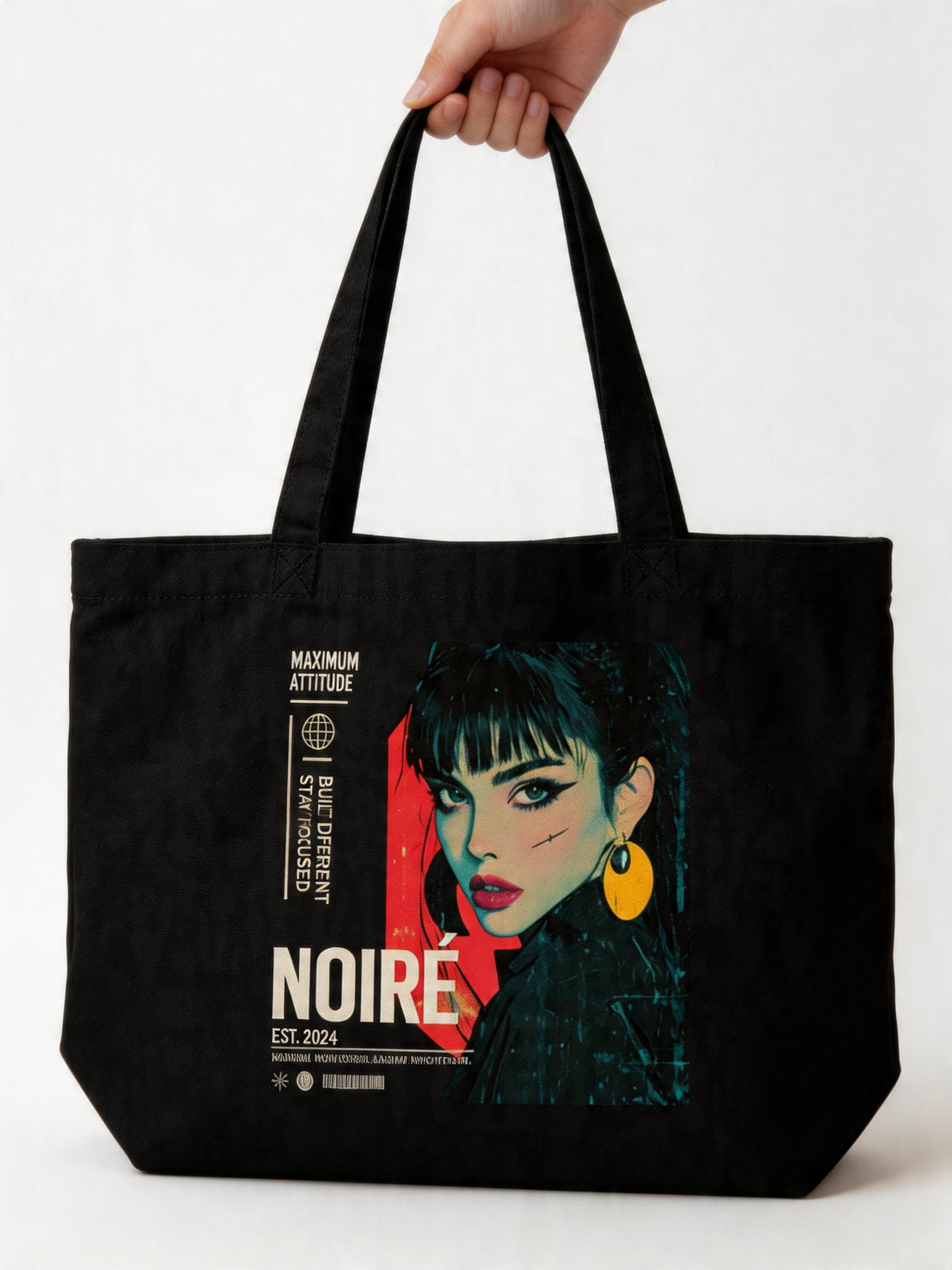 product front view black tote bag anime noiré design graphic streetwear