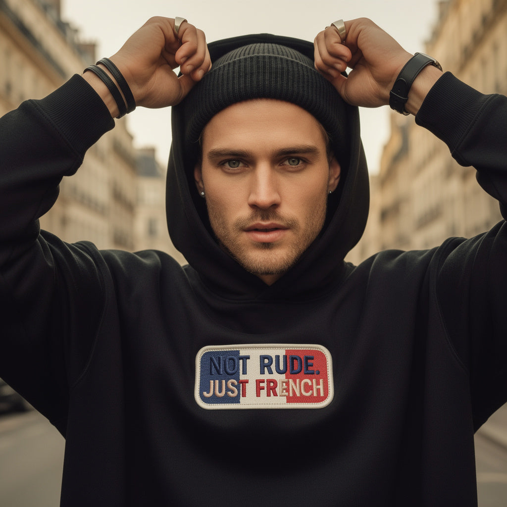 model adjusting hood front view wearing oversized black hoodie embroidered logo paris urban streetwear outfit