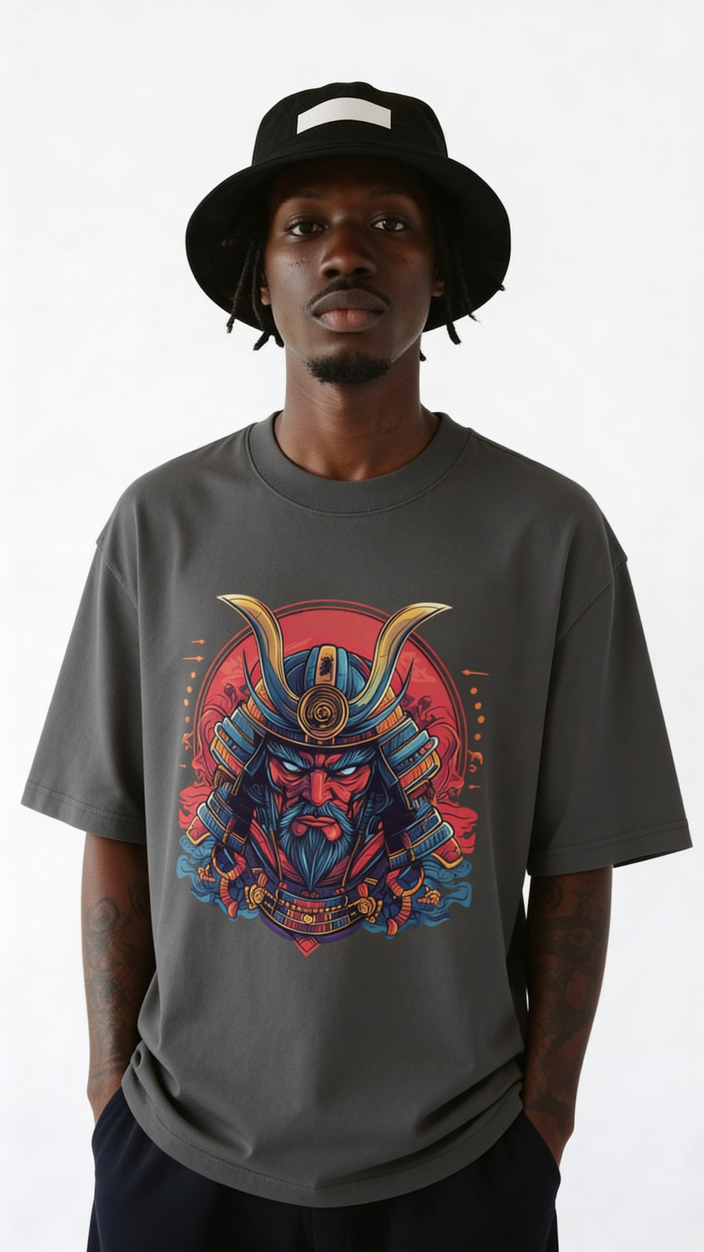 Male model wearing charcoal oversized samurai graphic t-shirt with bold red and blue Japanese warrior mask design.