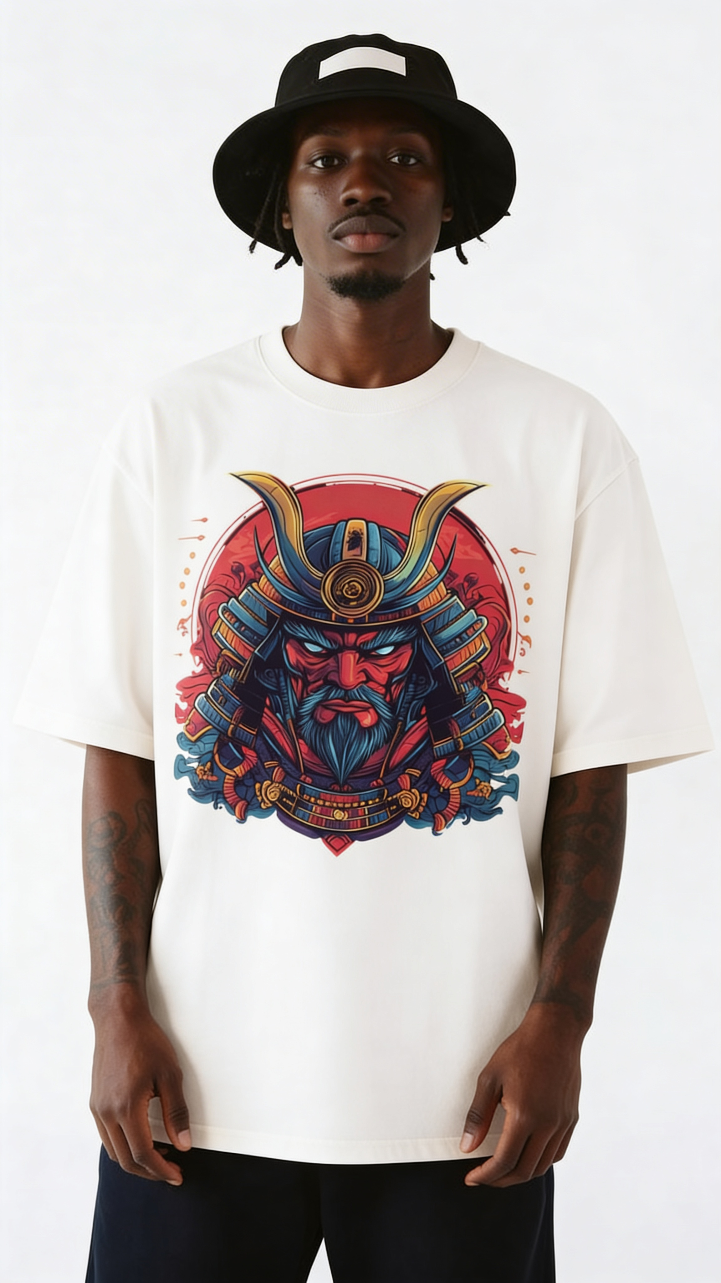Male model wearing oversized off-white samurai graphic t-shirt with red and blue Japanese mask print, relaxed streetwear styling.