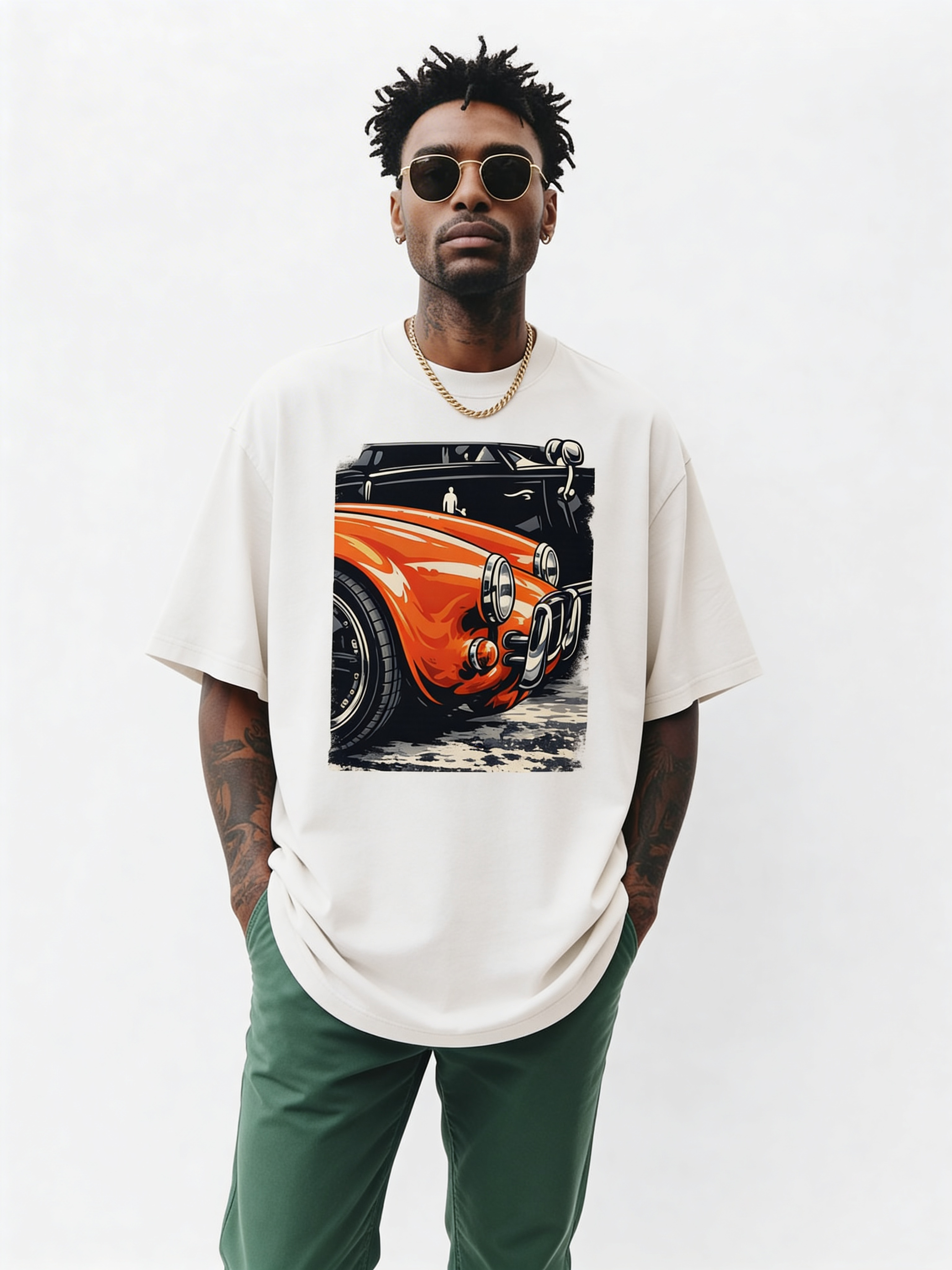 Male fashion model wearing oversized white graphic t-shirt with vintage orange sports car print on front, paired with green pants and gold chain, modern urban streetwear look
