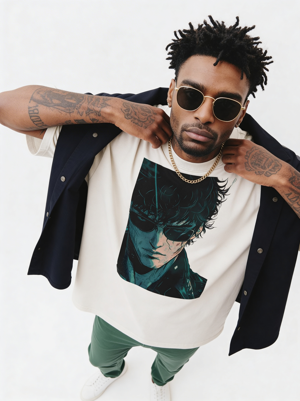 Male fashion model wearing oversized white streetwear t-shirt with anime-inspired portrait graphic, layered with dark jacket and gold chain, contemporary urban style studio shot