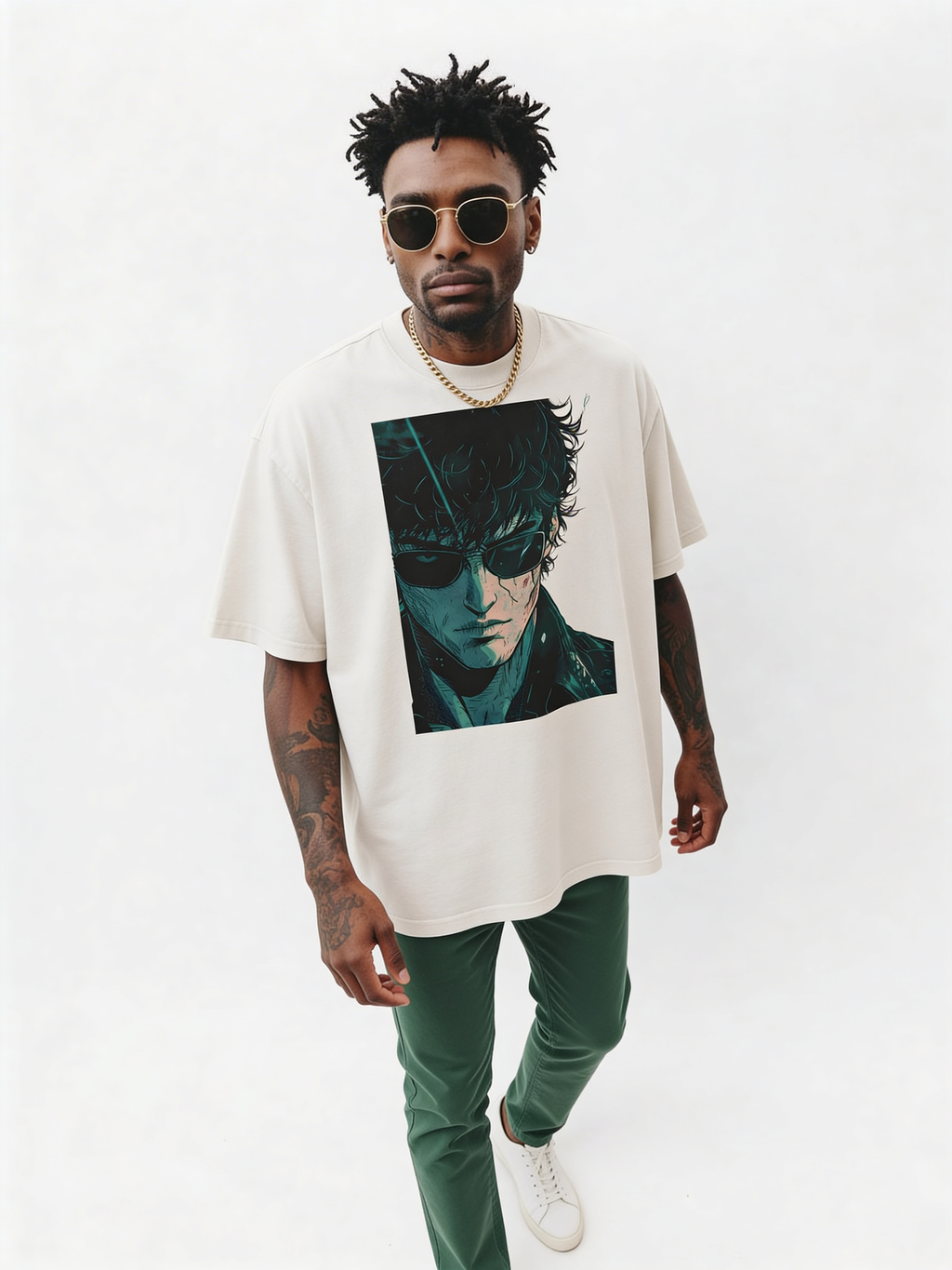 Male model posing in oversized white graphic tee with bold anime character print, paired with green pants and white sneakers, men’s modern streetwear outfit in studio