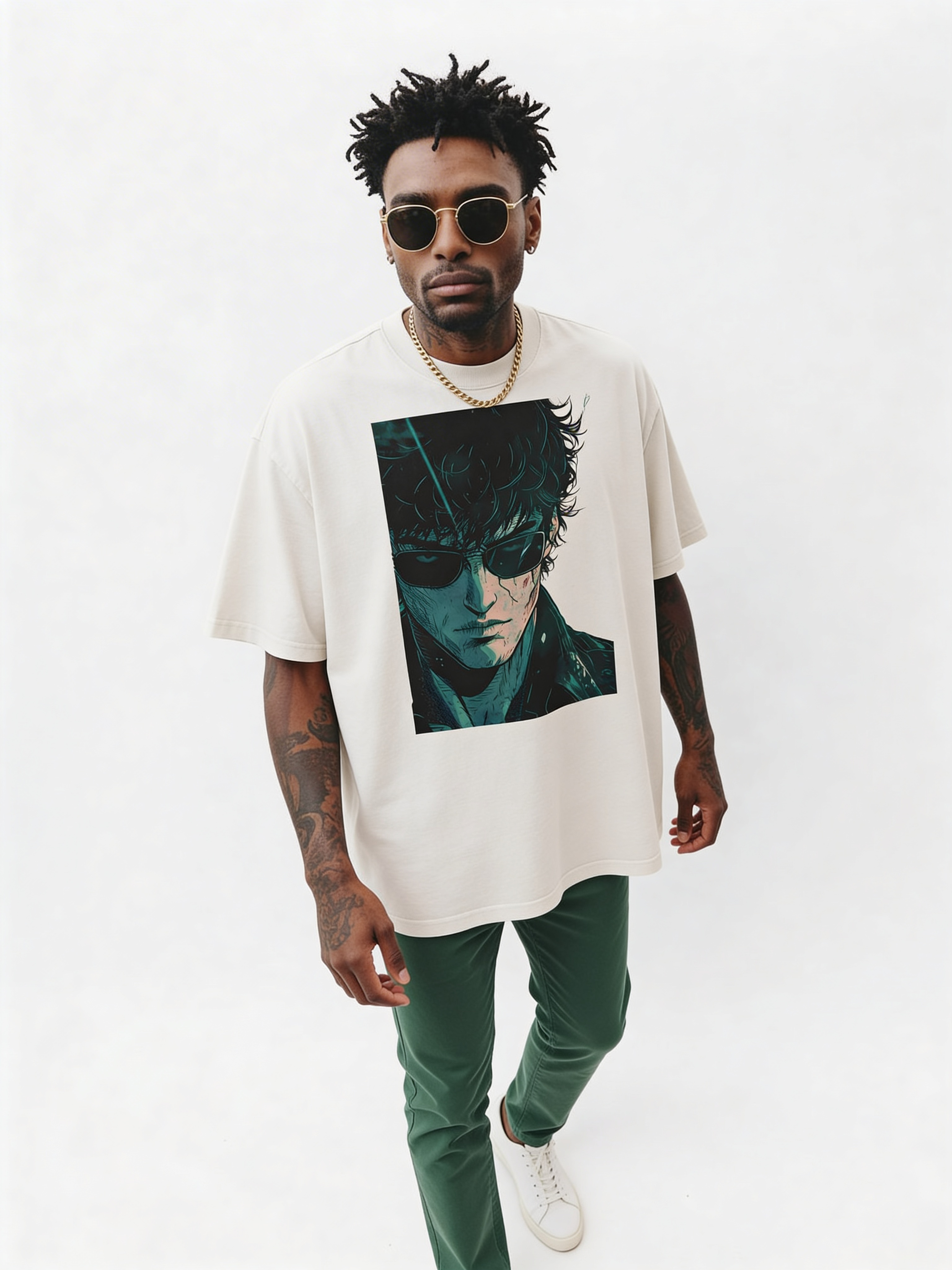 Male model posing in oversized white graphic tee with bold anime character print, paired with green pants and white sneakers, men’s modern streetwear outfit in studio