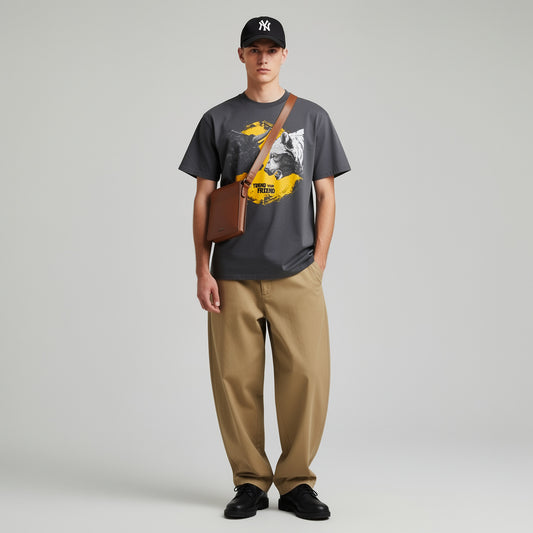 Man wearing oversized faded t-shirt Trend Is Your Friend black lifestyle front view