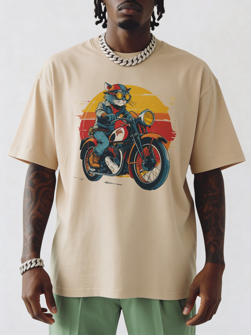 Male model wearing oversized beige streetwear t-shirt with retro biker cat riding motorcycle graphic, modern men’s urban fashion studio shot