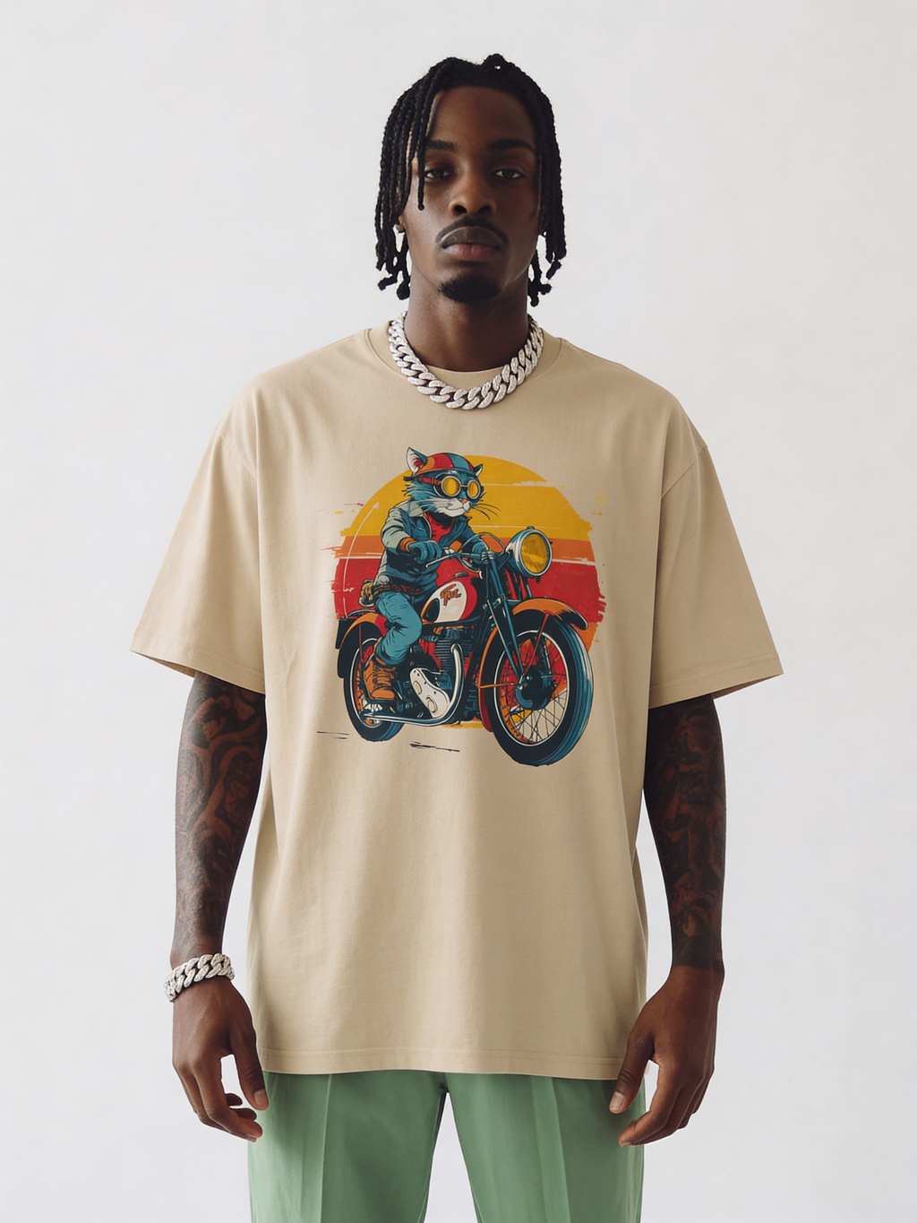 Front view of male model in oversized beige graphic tee featuring vintage motorcycle cat illustration, relaxed contemporary streetwear look