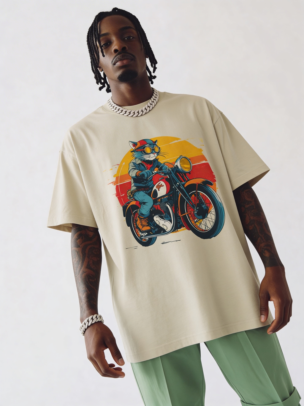 Male fashion model posing in oversized beige t-shirt with retro biker cat print and sunset background design, modern urban streetwear style