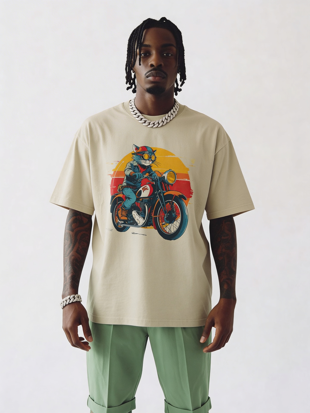 Male model styled in oversized beige biker cat graphic t-shirt paired with green trousers and silver chain, minimalist studio streetwear outfit
