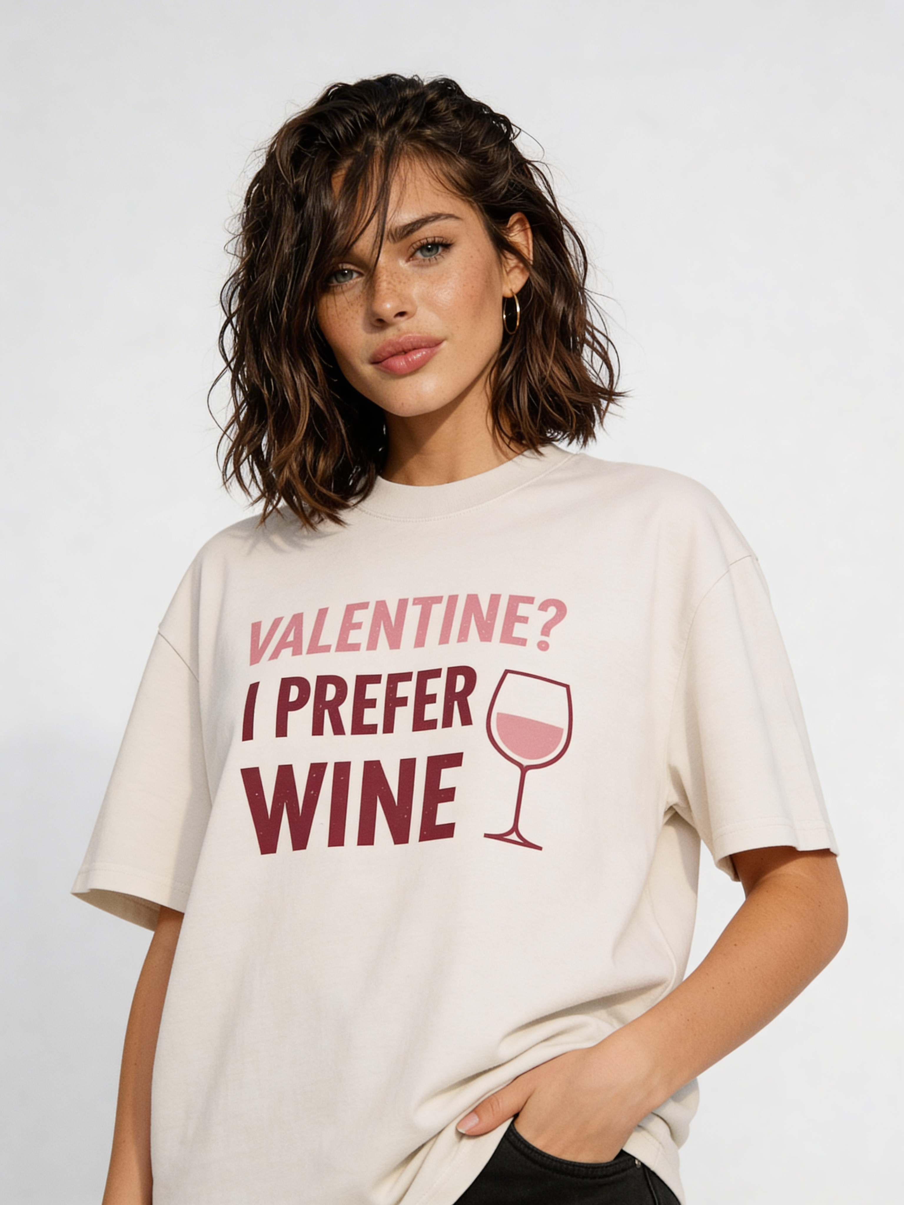Female fashion model posing in oversized beige Valentine wine quote graphic tee, styled with black jeans for contemporary casual streetwear outfit