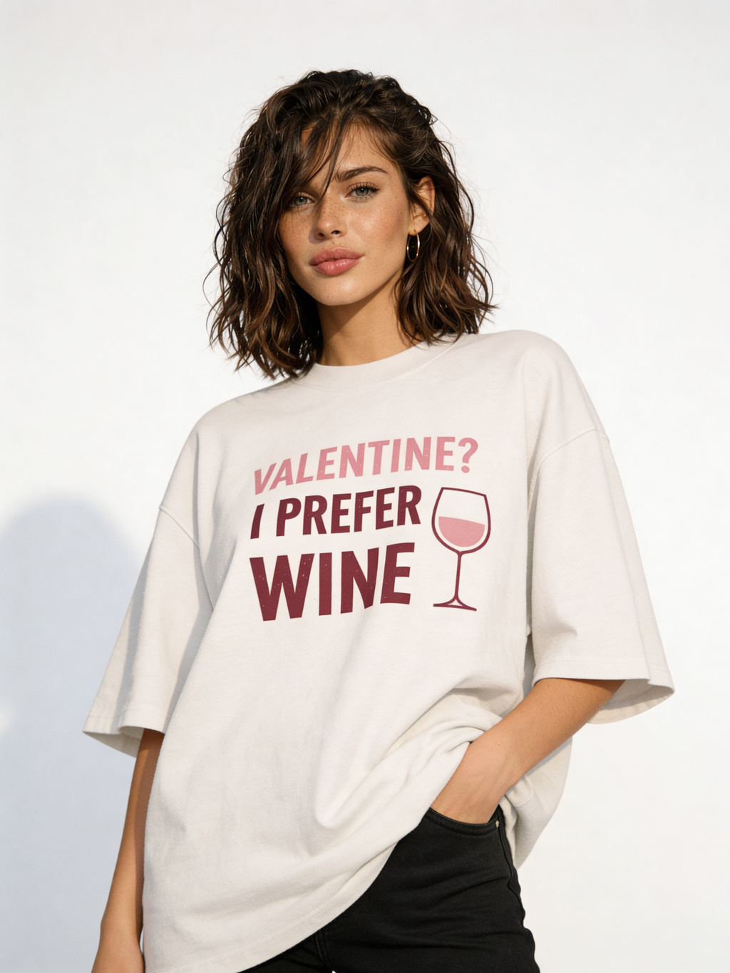 Female model wearing oversized beige Valentine graphic t-shirt with “Valentine? I Prefer Wine” quote and wine glass print, modern casual streetwear look