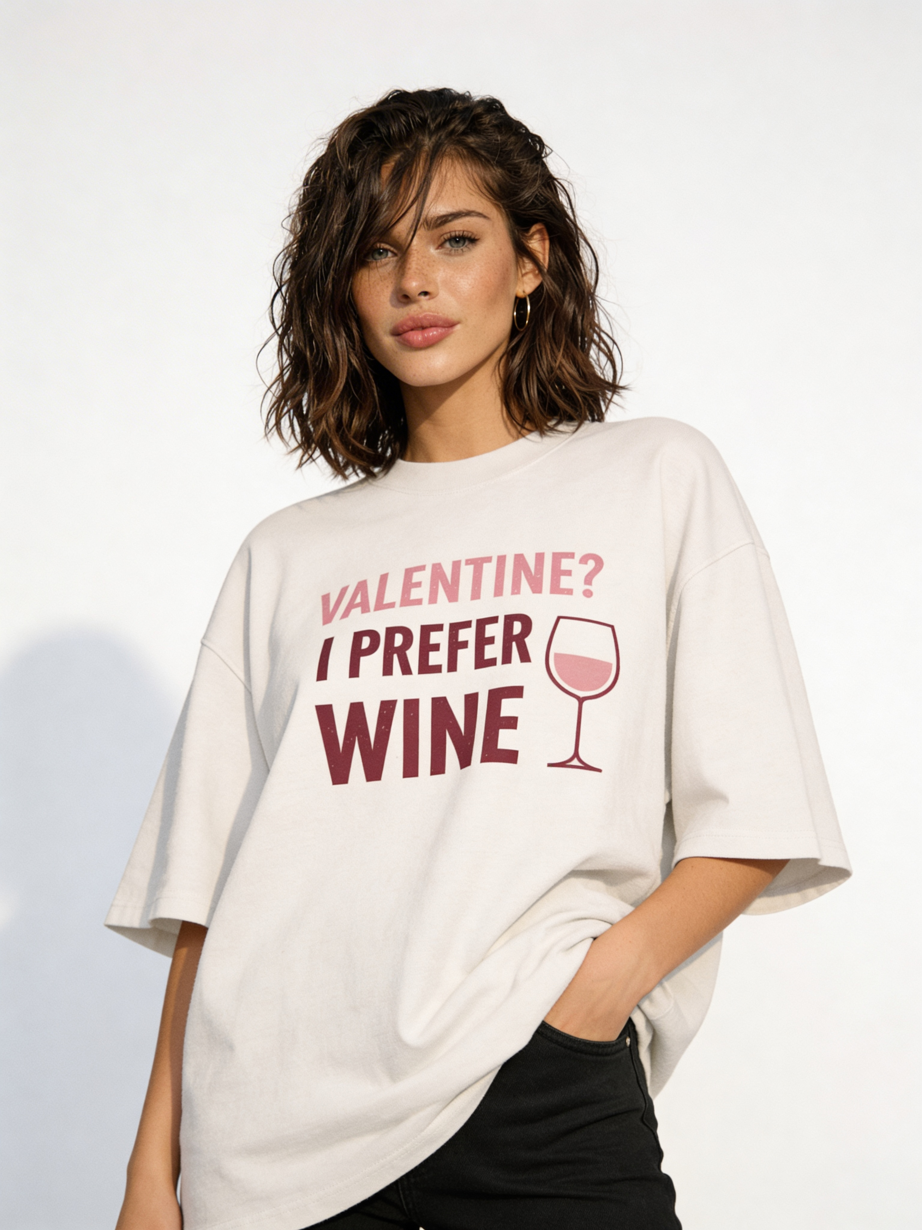 Female model wearing oversized beige Valentine graphic t-shirt with “Valentine? I Prefer Wine” quote and wine glass print, modern casual streetwear look