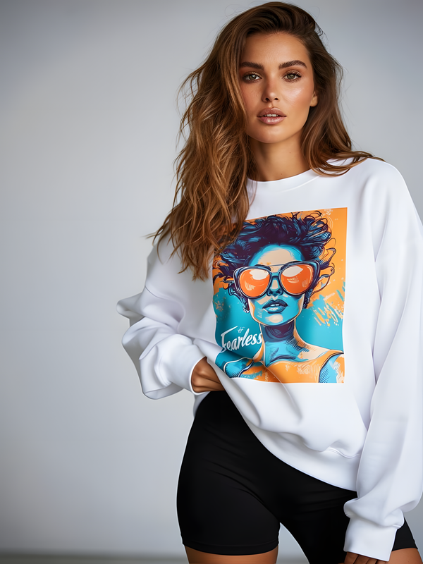 Fearless graphic sweatshirt in white featuring bold streetwear illustration, unisex crewneck worn by model