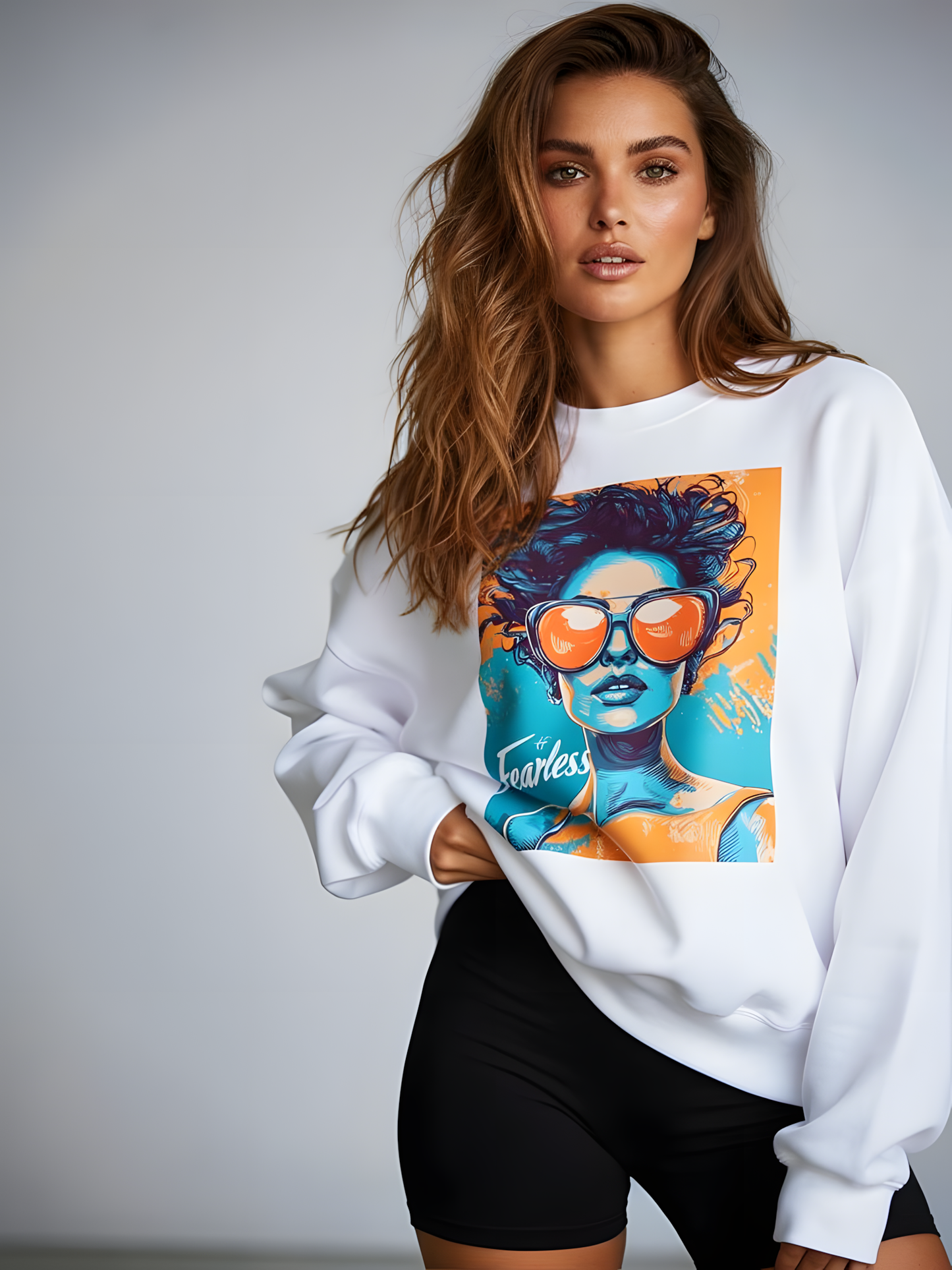 Fearless graphic sweatshirt in white featuring bold streetwear illustration, unisex crewneck worn by model
