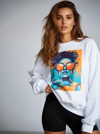 Fearless graphic sweatshirt in white featuring bold streetwear illustration, unisex crewneck worn by model