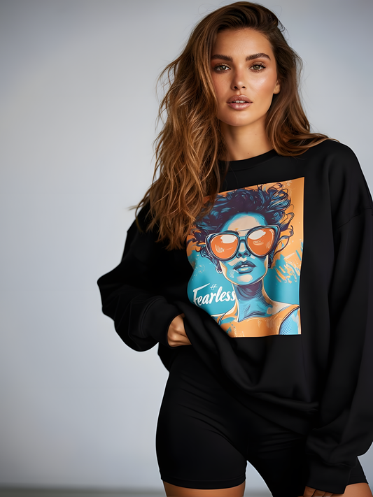 Fearless graphic sweatshirt in black with bold streetwear illustration, unisex crew neck