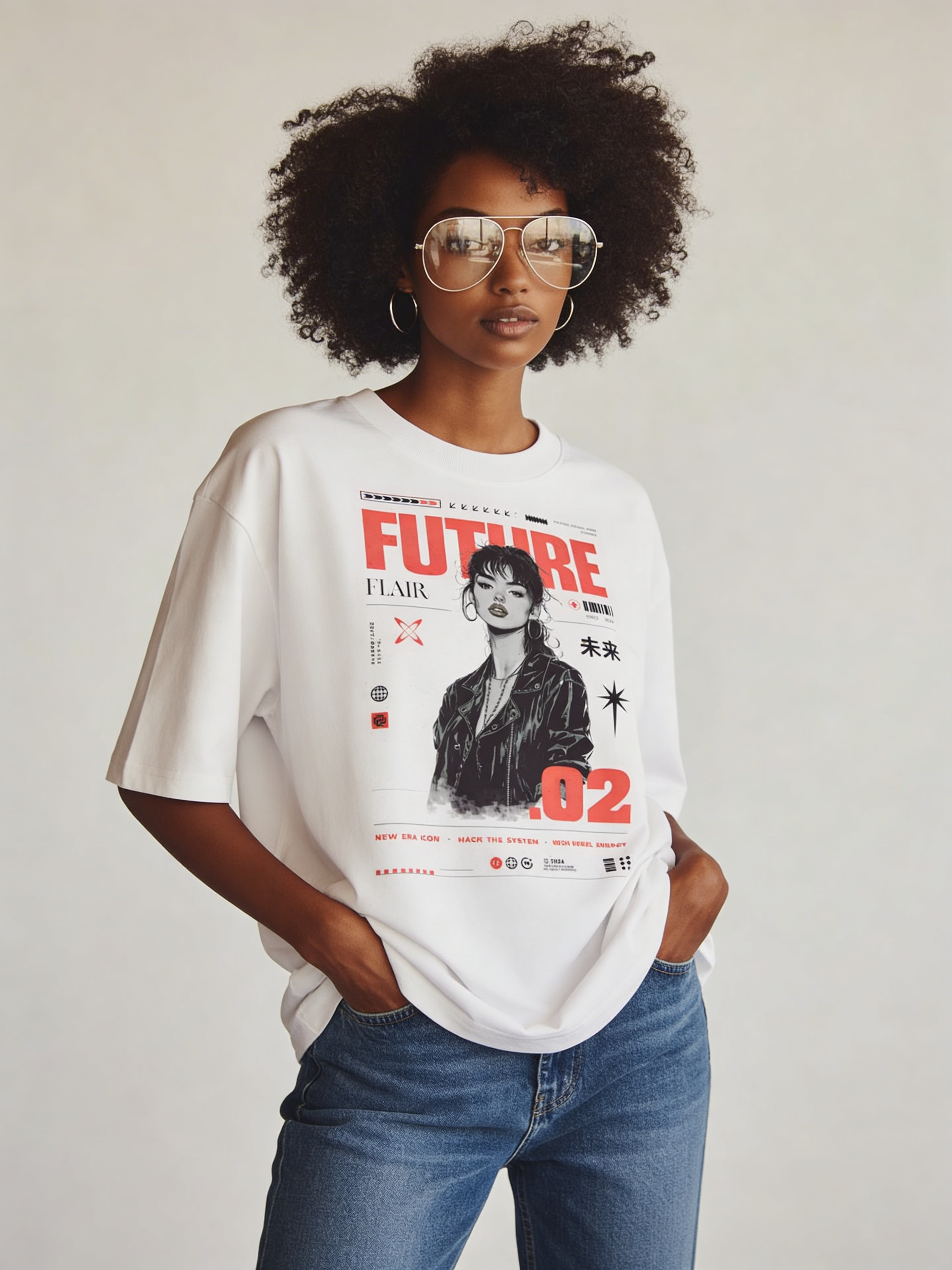 Female model with short wavy brown hair wearing an oversized black “Born To Shine Different” graphic t-shirt with light blue lettering and yellow floral details, styled with black jeans against a neutral studio background.