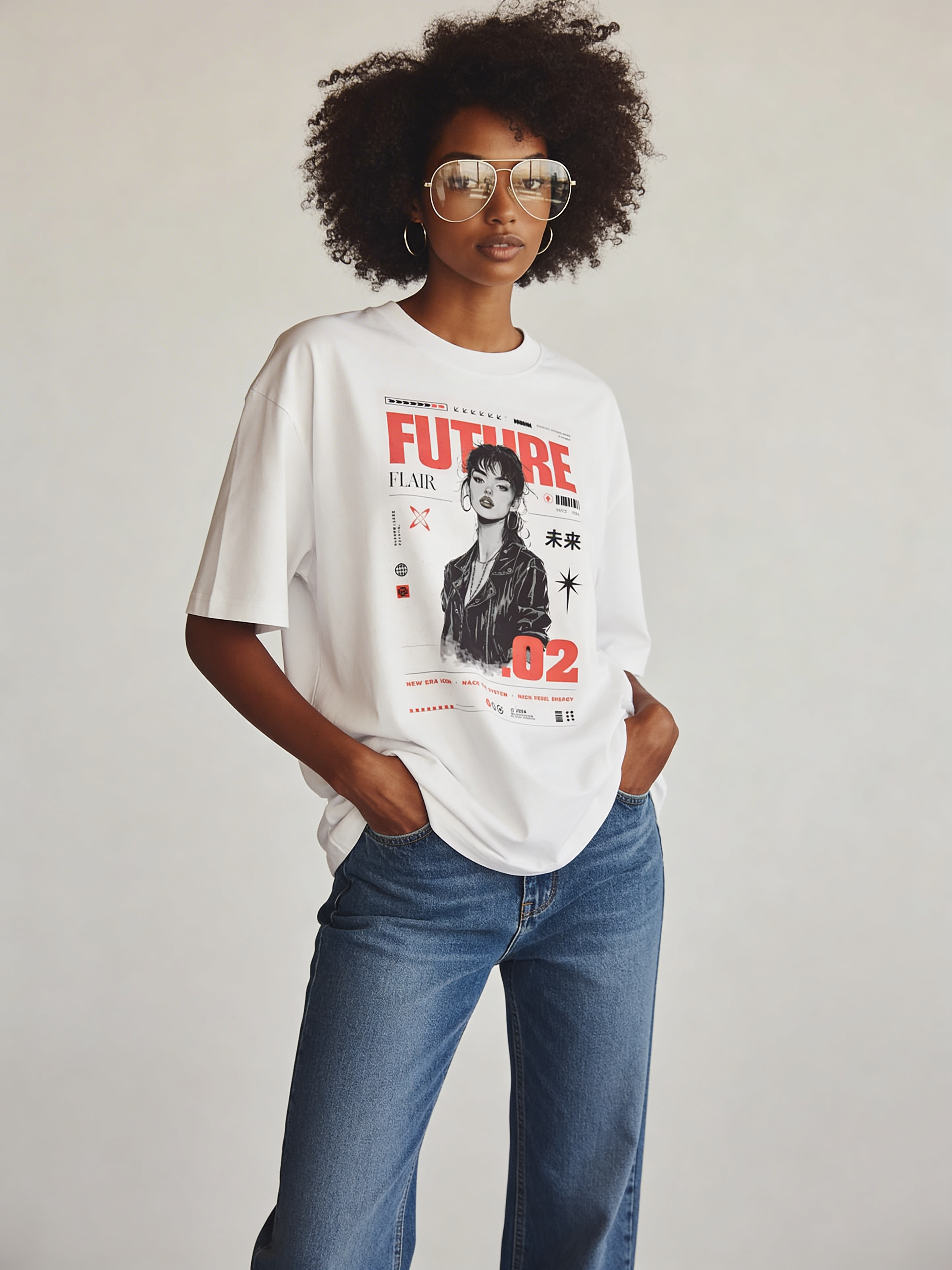 Female model posing in black oversized graphic tee reading “Born To Shine Different” with pastel blue text and yellow flowers, relaxed streetwear fit.